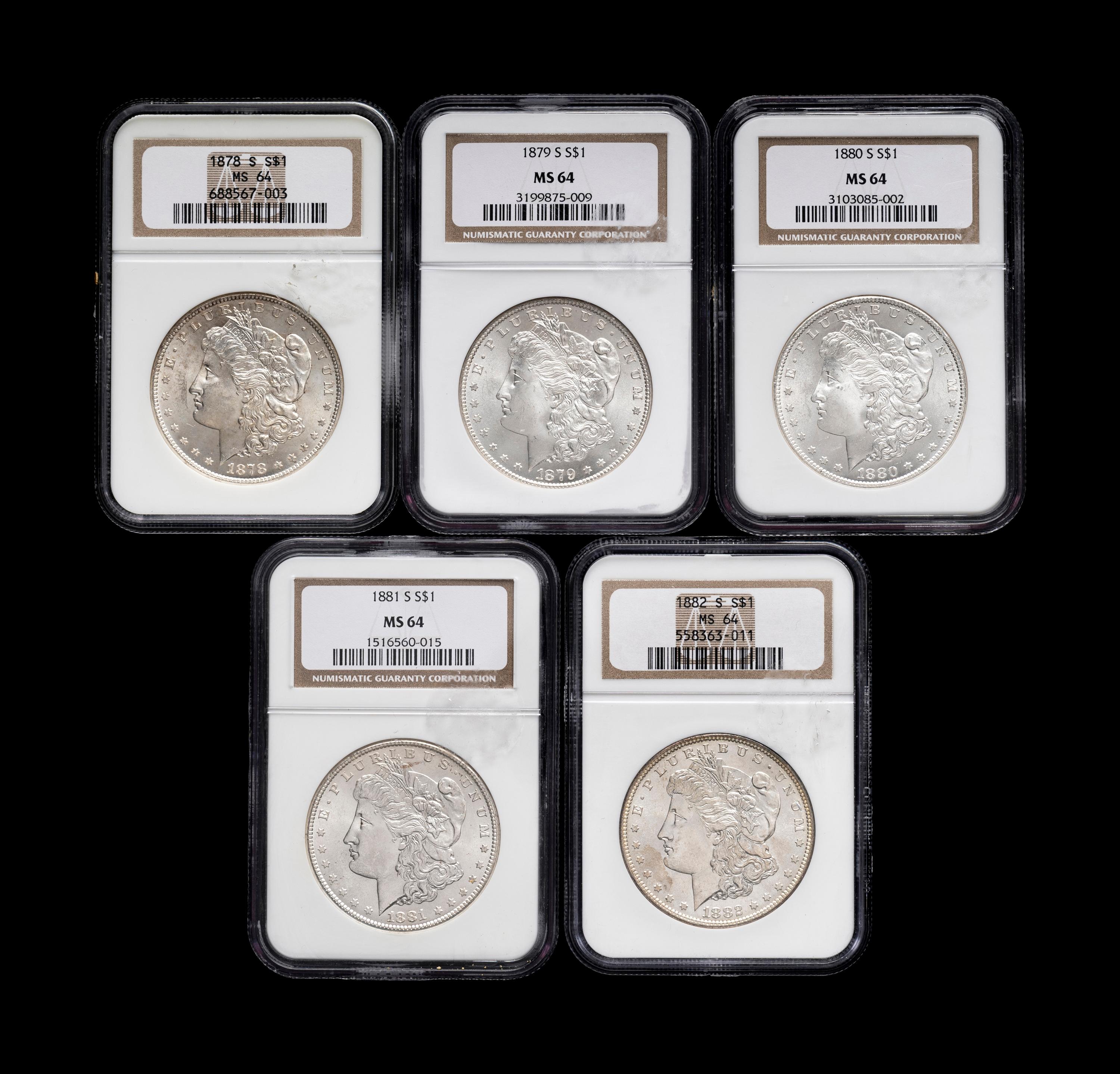 Five Morgan $1 Coins (NGC MS64)
