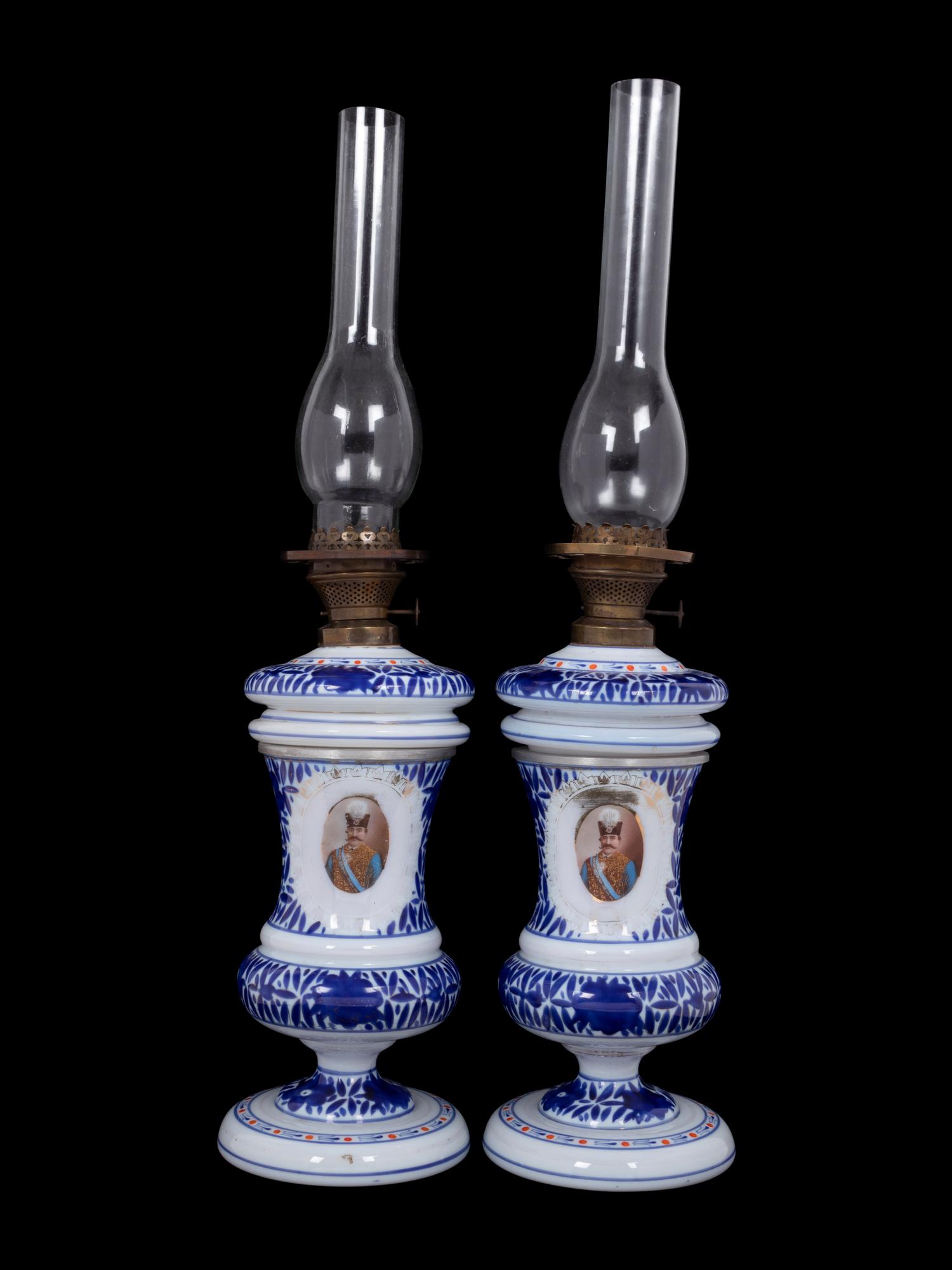 A Pair of Persian Market Opaline Glass Oil Lamps