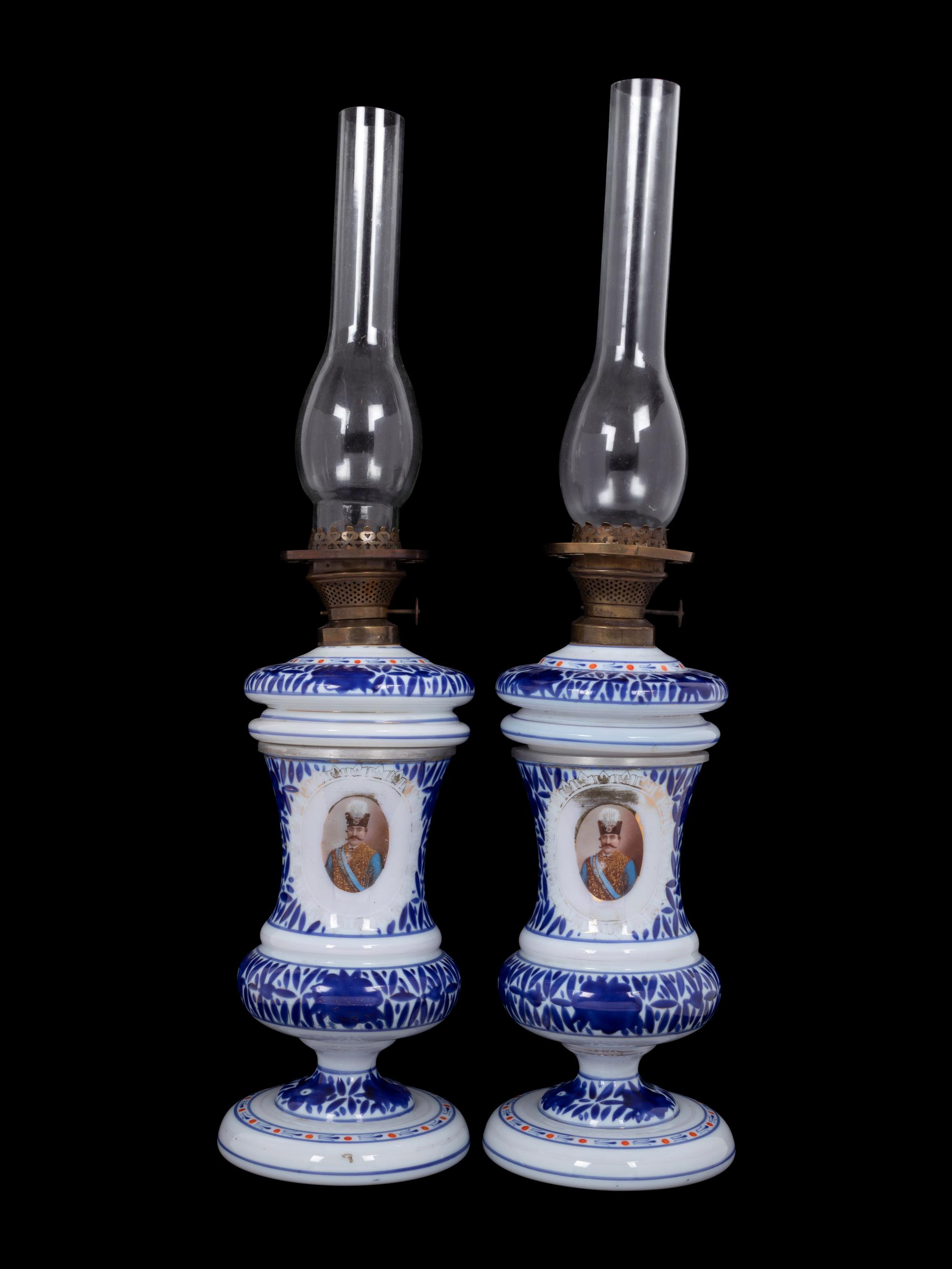 A Pair of Persian Market Opaline Glass Oil Lamps