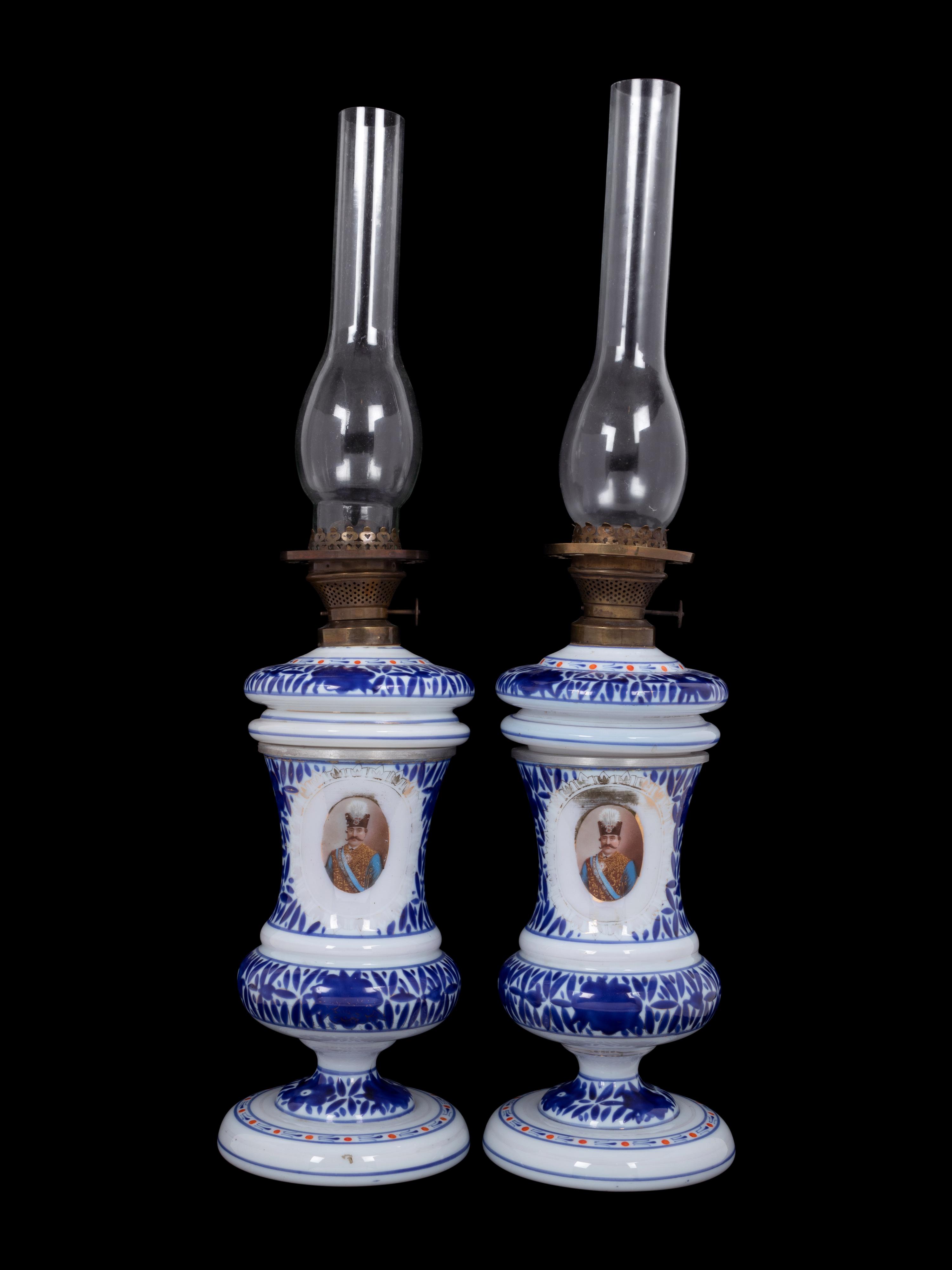A Pair of Persian Market Opaline Glass Oil Lamps