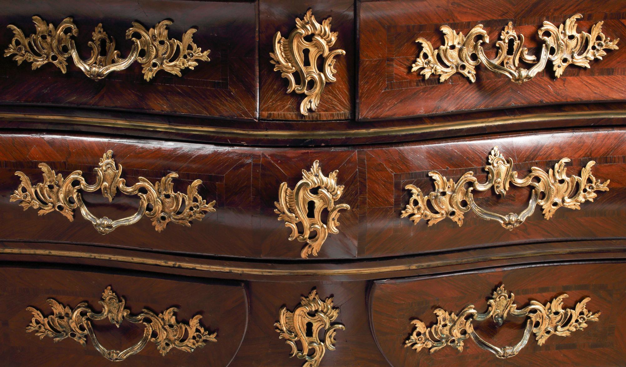 A Louis XV Gilt Bronze Mounted Marquetry Marble-Top Commode