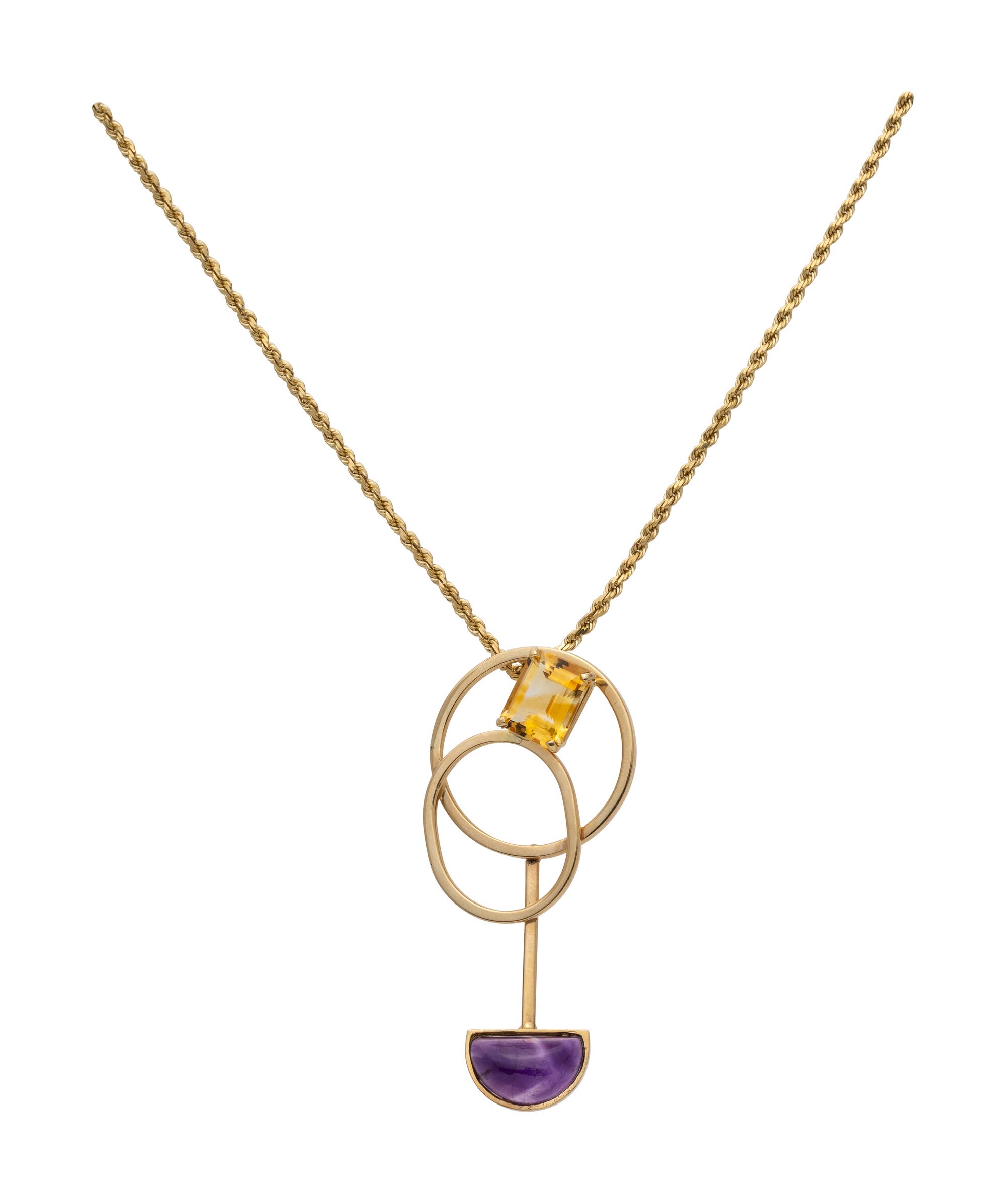 YELLOW GOLD, CITRINE AND AMETHYST PENDANT/NECKLACE