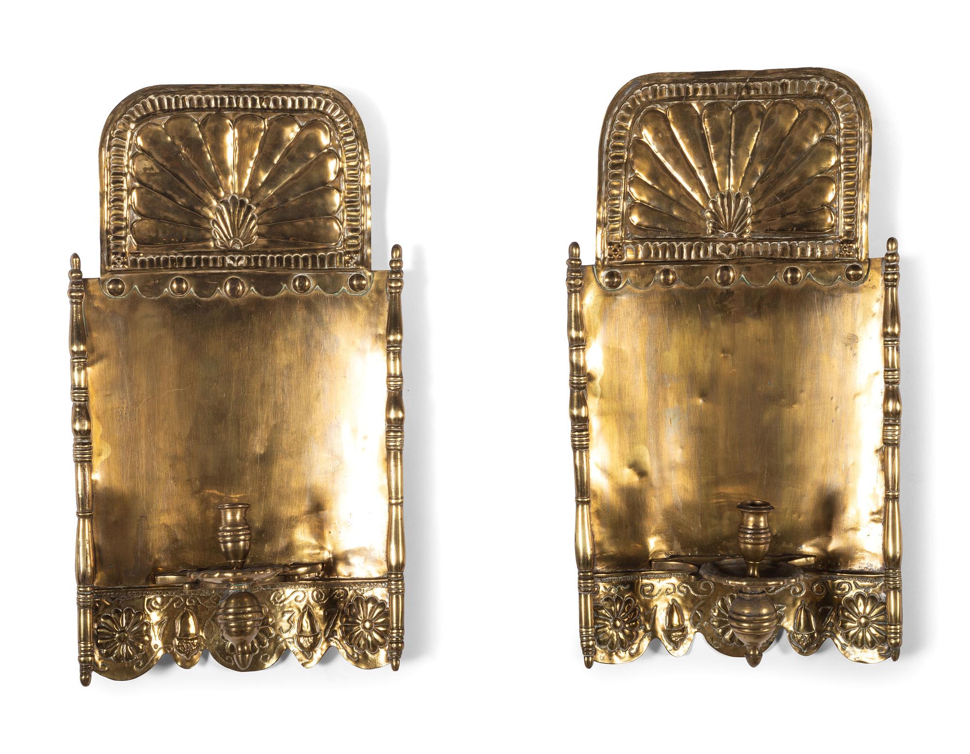 A Pair of Dutch Pressed Brass One-Light Shell-and-Flower Wall Sconces