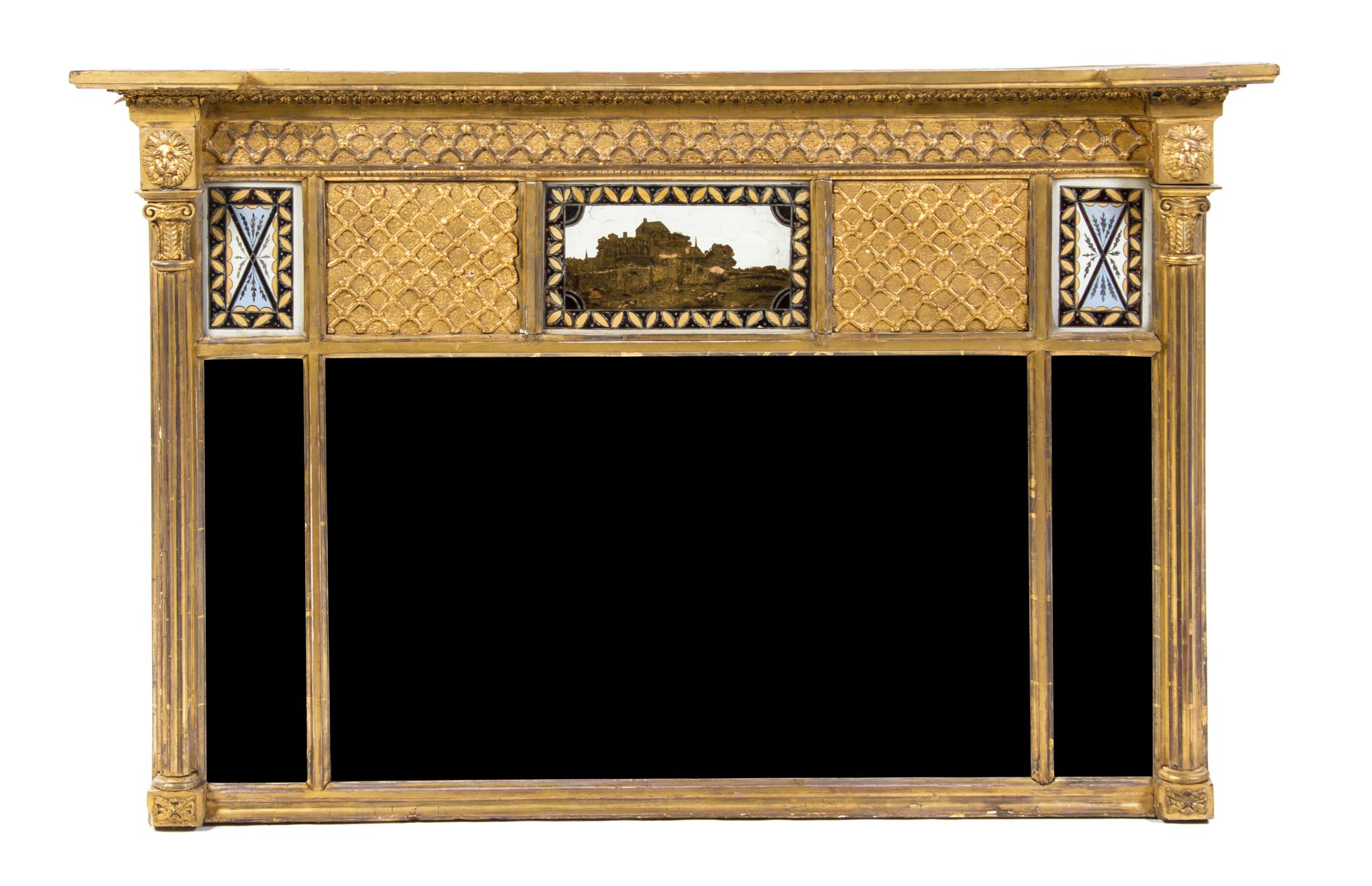 A Federal Giltwood Over Mantel Mirror, Height 27 1/2 x width 42 1/2 inches.