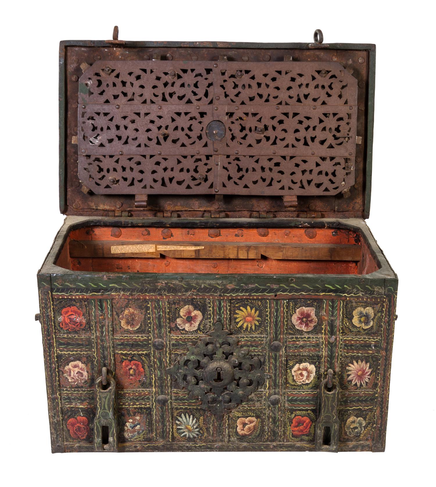 A Continental Polychrome Decorated Iron Strong Box