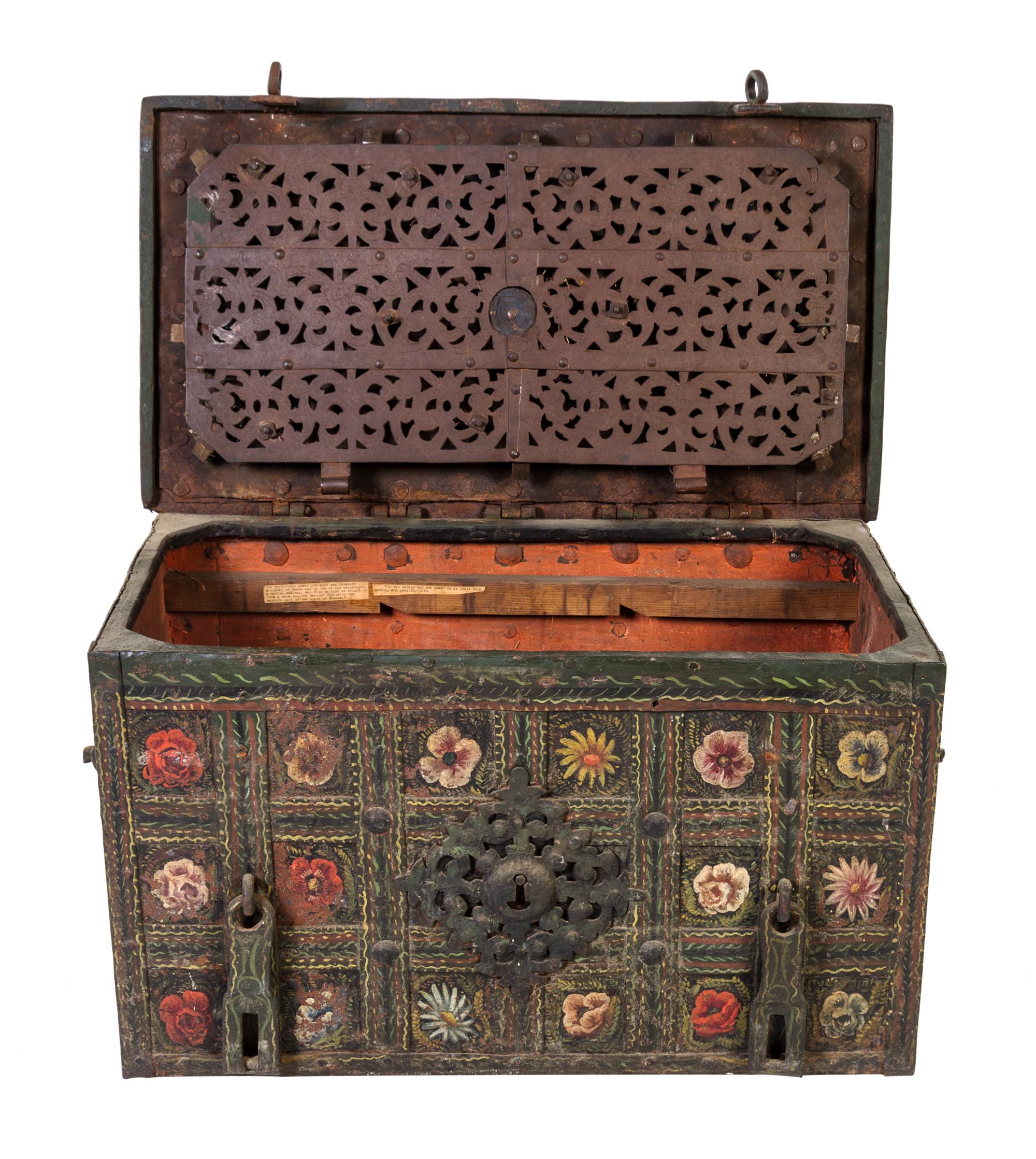 A Continental Polychrome Decorated Iron Strong Box
