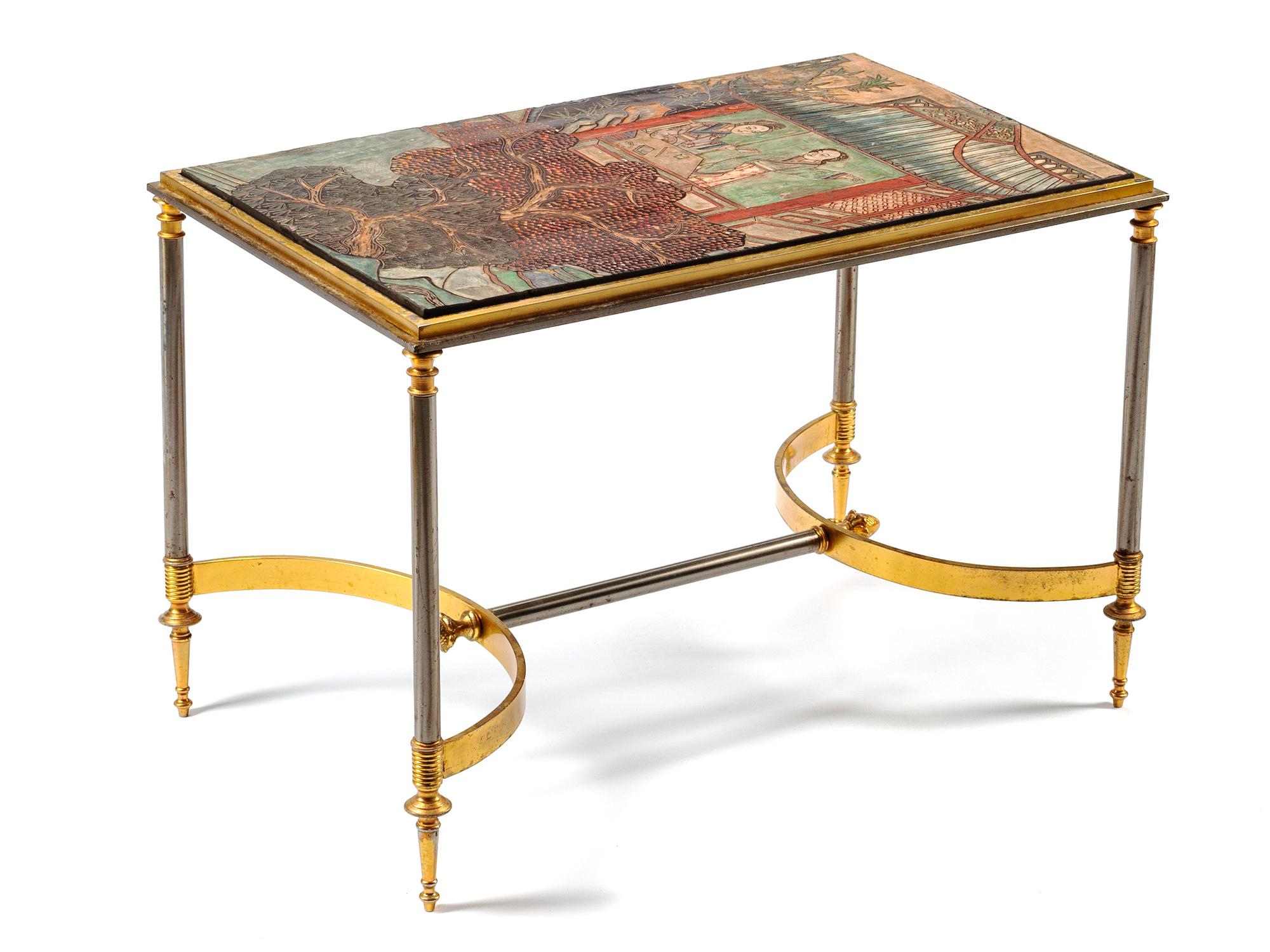 A Coromandel Lacquer-Inset Steel and Gilt Bronze Low Table
