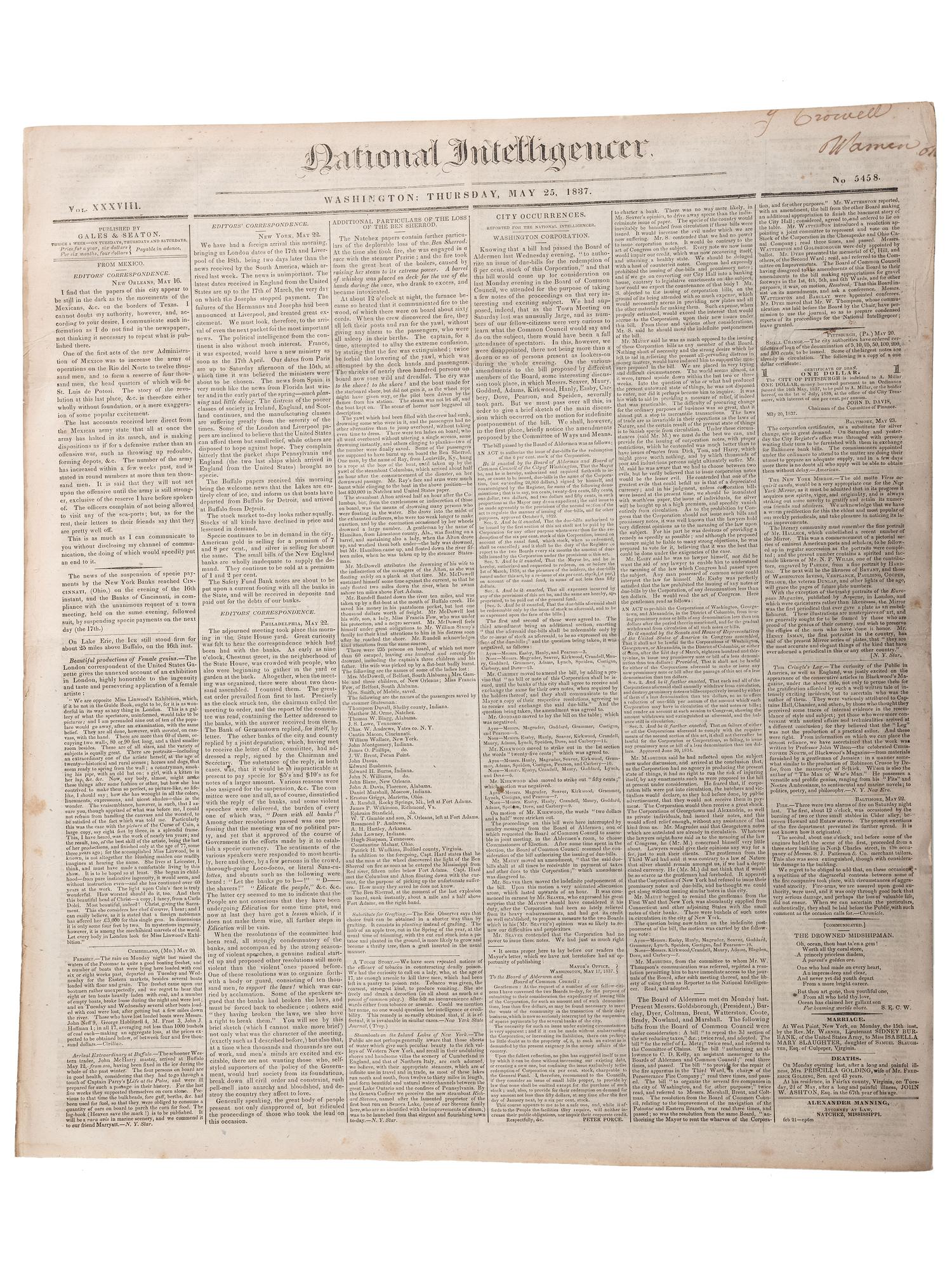 [SLAVERY & ABOLITION]. Advertisements for the return of freedom seekers published in 8 issues of The National Intelligencer . Washington, DC: May-August 1837.
