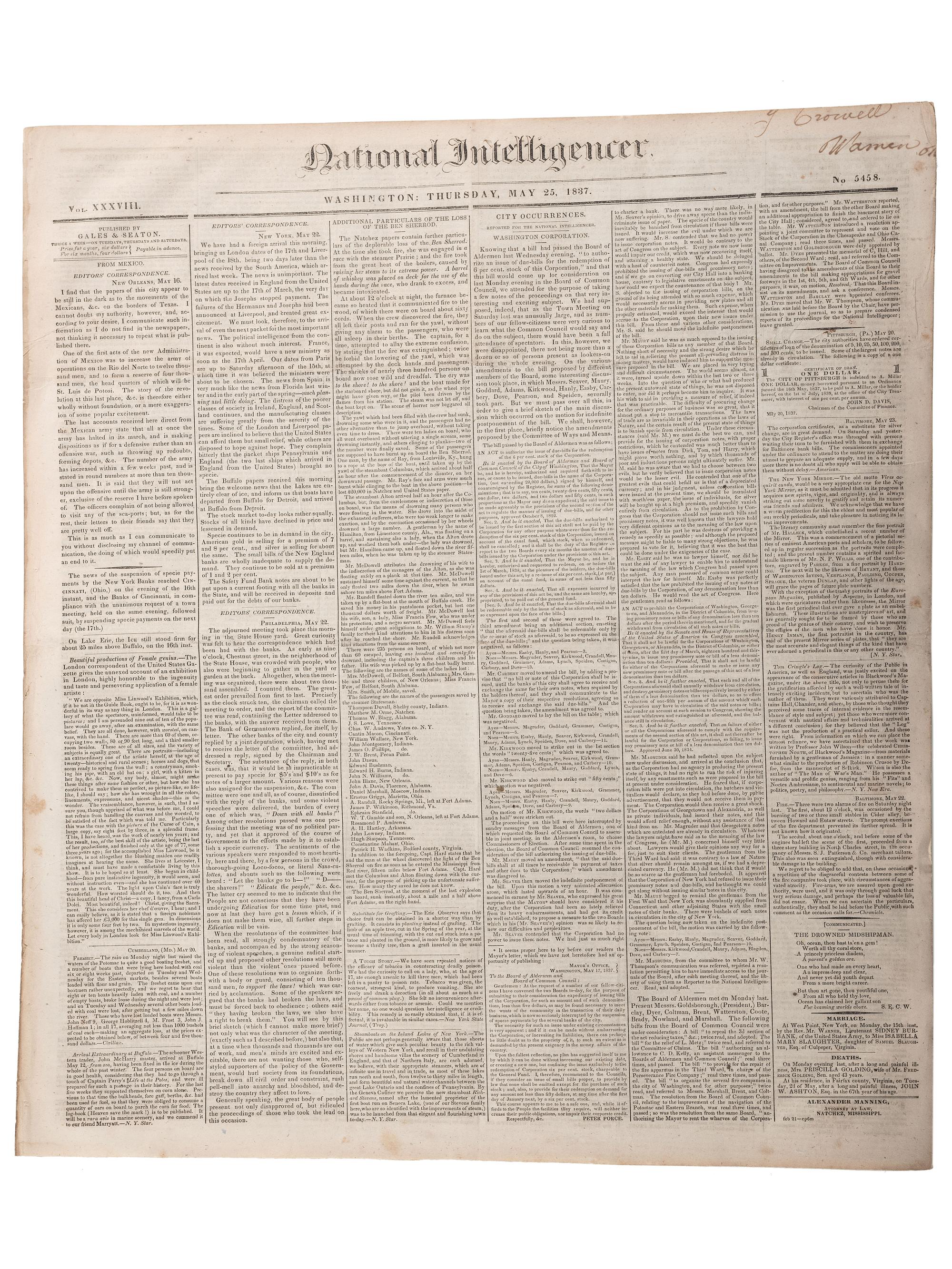 [SLAVERY & ABOLITION]. Advertisements for the return of freedom seekers published in 8 issues of The National Intelligencer . Washington, DC: May-August 1837.