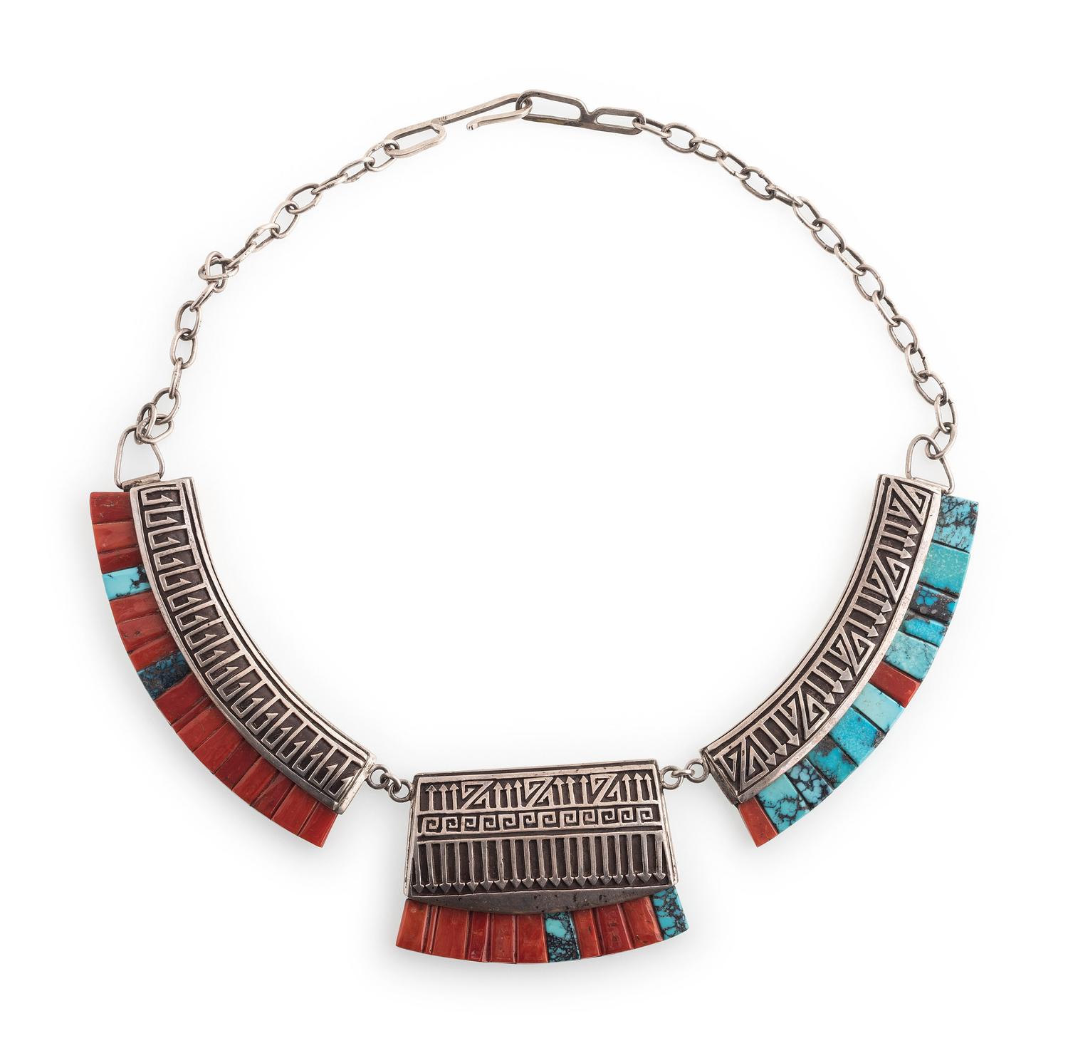Silver Overlay Link Necklace, with Coral and Turquoise Inlay