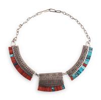 Silver Overlay Link Necklace, with Coral and Turquoise Inlay