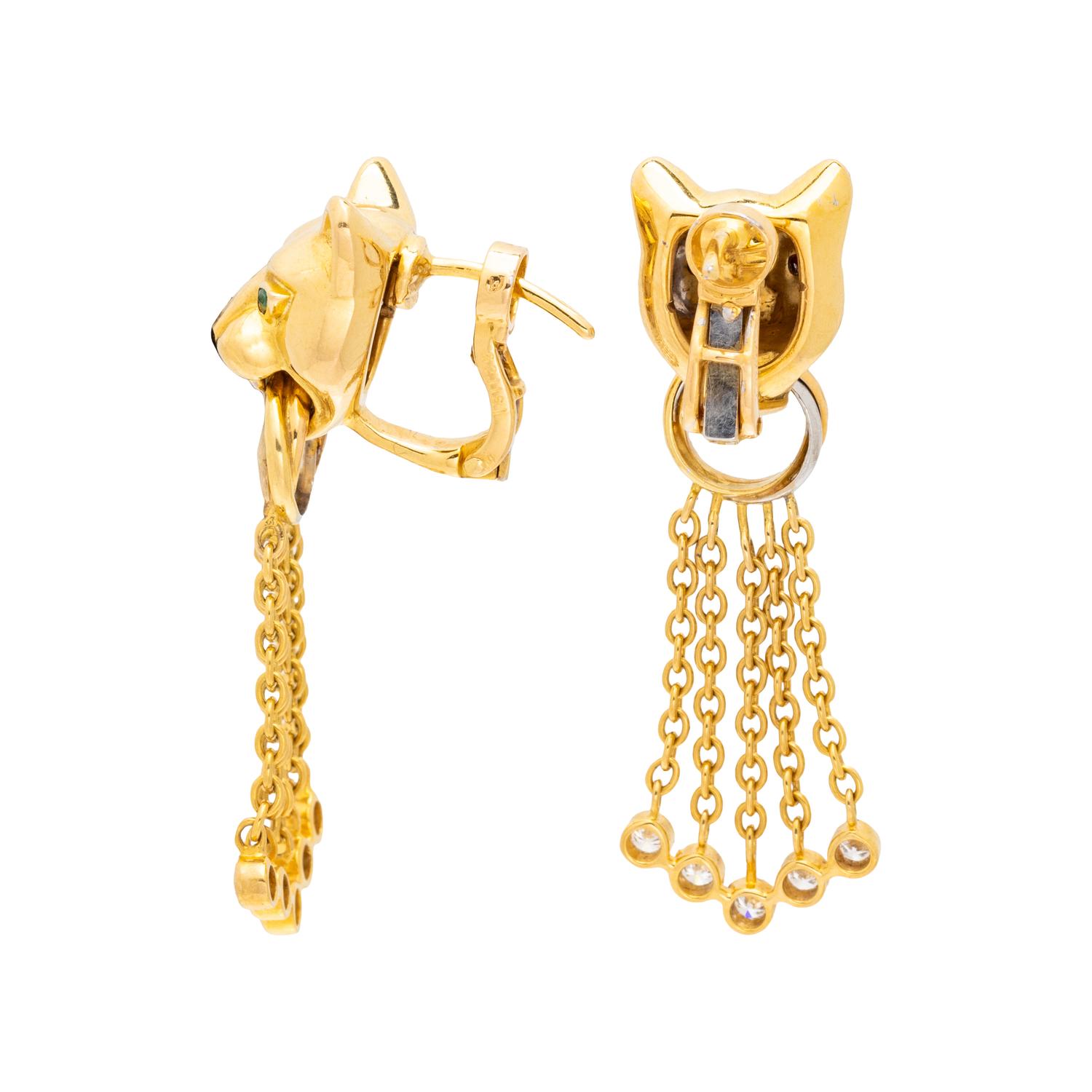 CARTIER, YELLOW GOLD, DIAMOND, EMERALD, AND ONYX 'PANTHÈRE' EARRINGS
