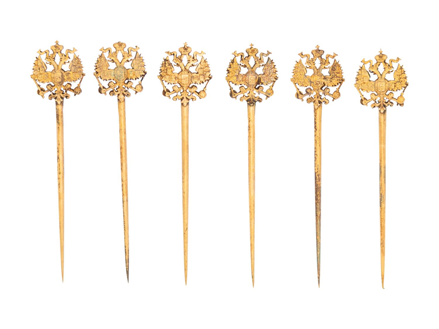 A Set of Six Russian Silver-Gilt Skewers