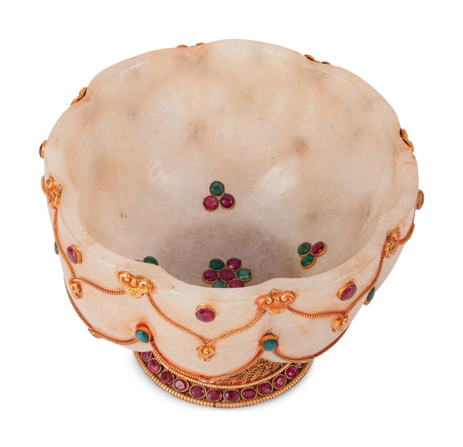 A Tibetan Style Gilt Filigree, Ruby and Emerald Mounted Rock Crystal Bowl