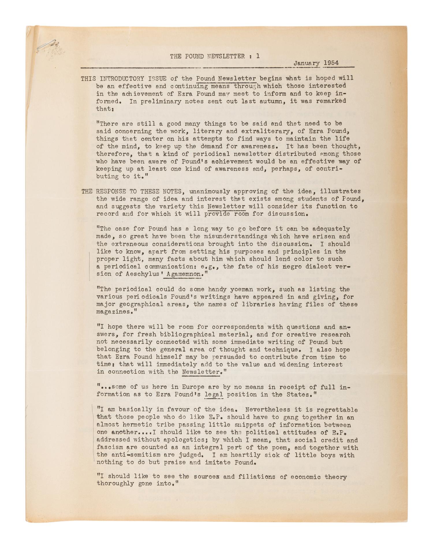 [POUND, Ezra (1885-1972)]. The Pound Newsletter . Issues 1-10. John EDWARDS, editor. Berkeley, CA: Department of English, University of California Berkeley, 1954-1956.