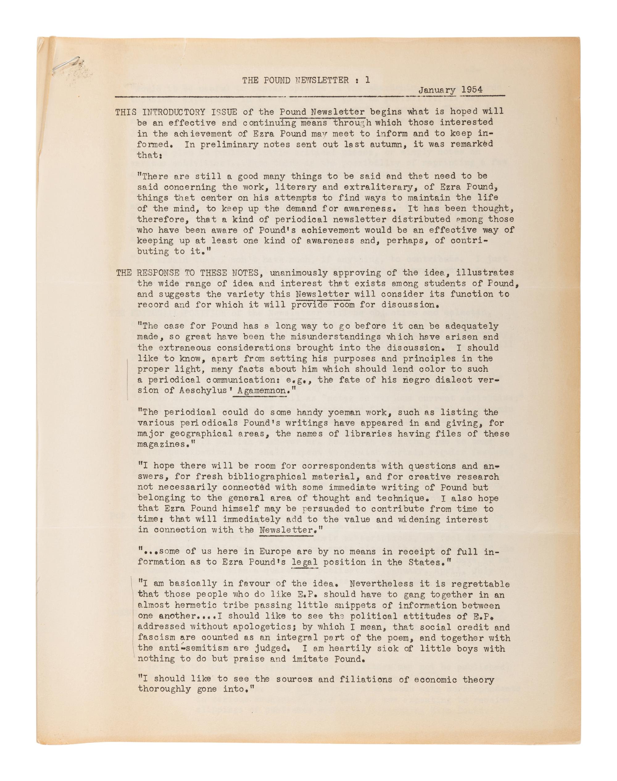[POUND, Ezra (1885-1972)]. The Pound Newsletter . Issues 1-10. John EDWARDS, editor. Berkeley, CA: Department of English, University of California Berkeley, 1954-1956.
