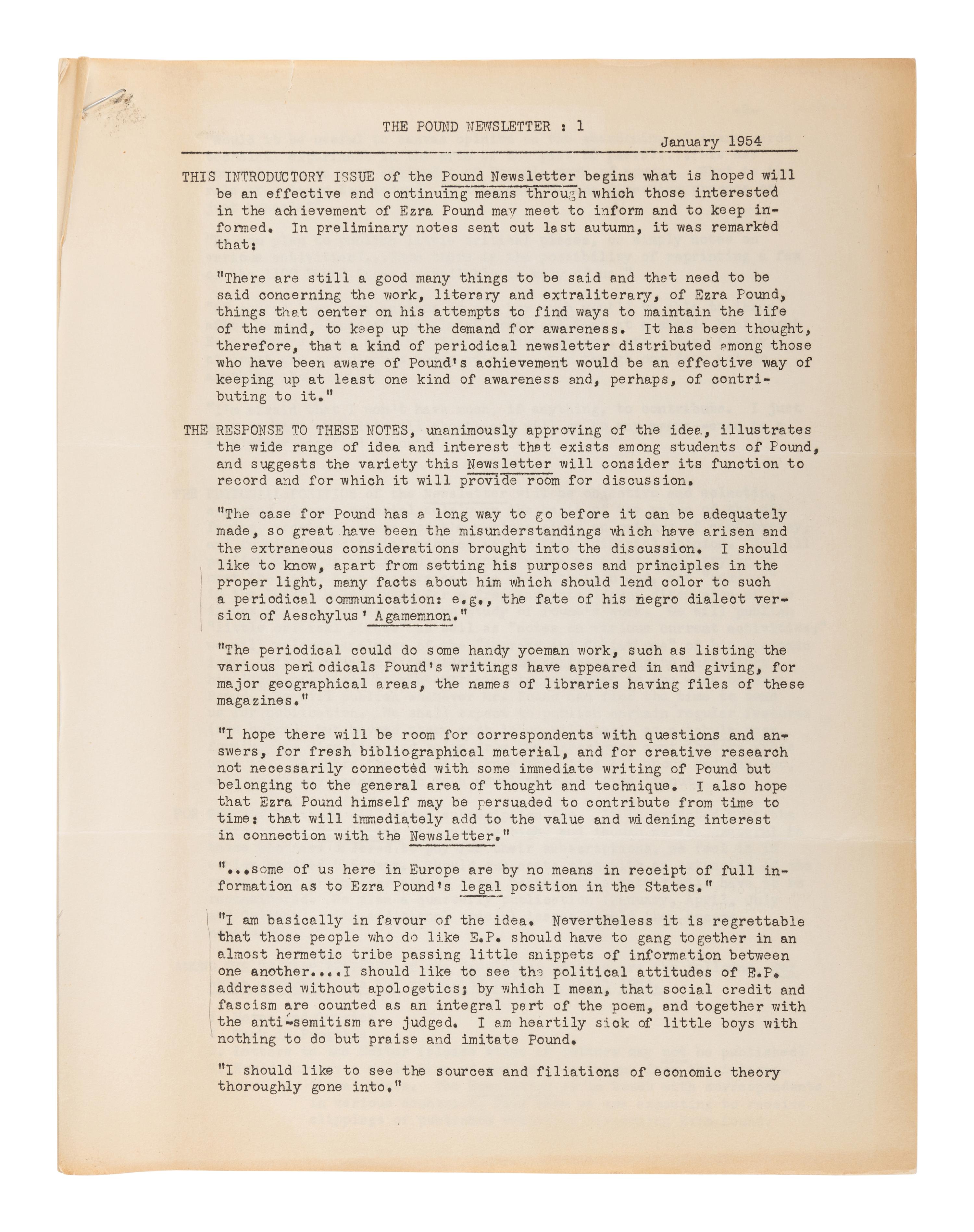[POUND, Ezra (1885-1972)]. The Pound Newsletter . Issues 1-10. John EDWARDS, editor. Berkeley, CA: Department of English, University of California Berkeley, 1954-1956.
