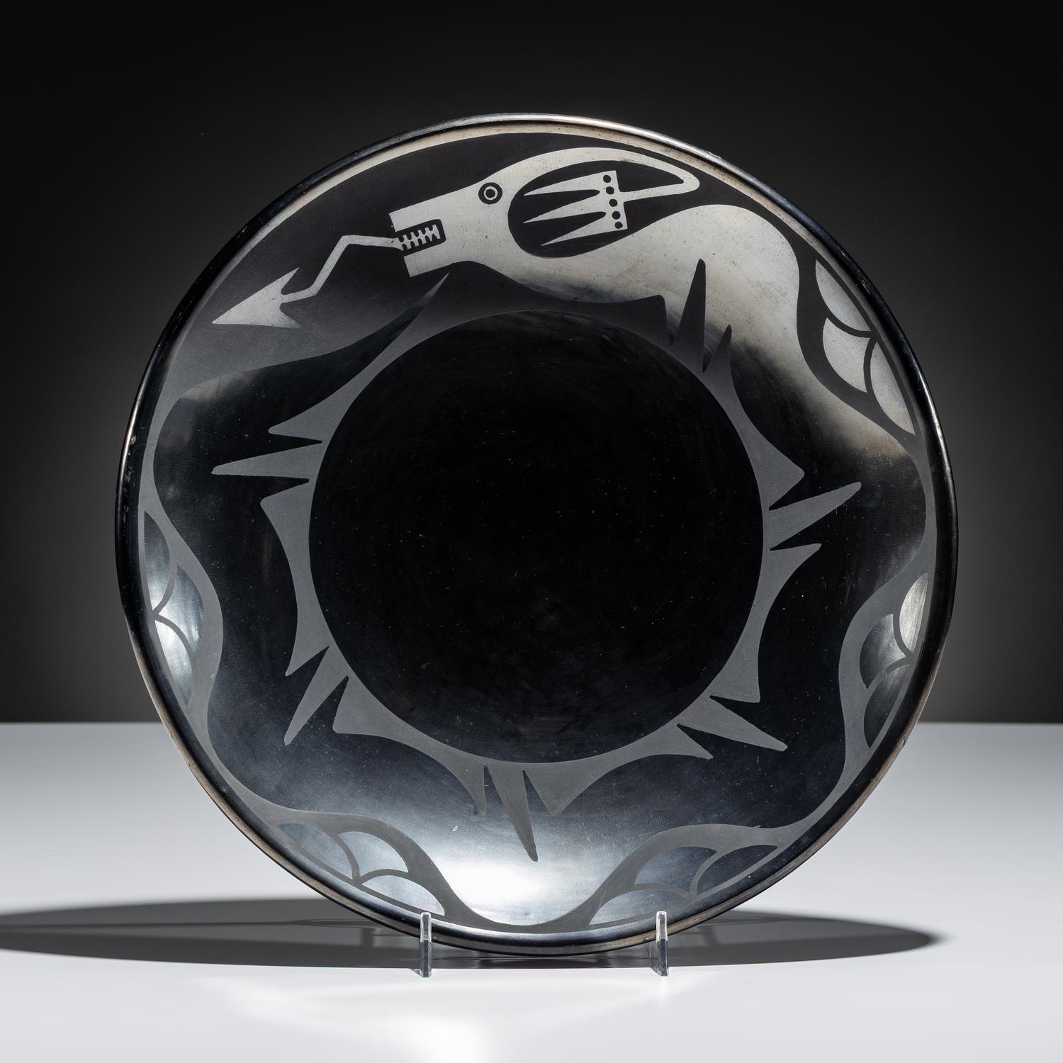 Blackware Pottery Plate, with Avanyu June 1966