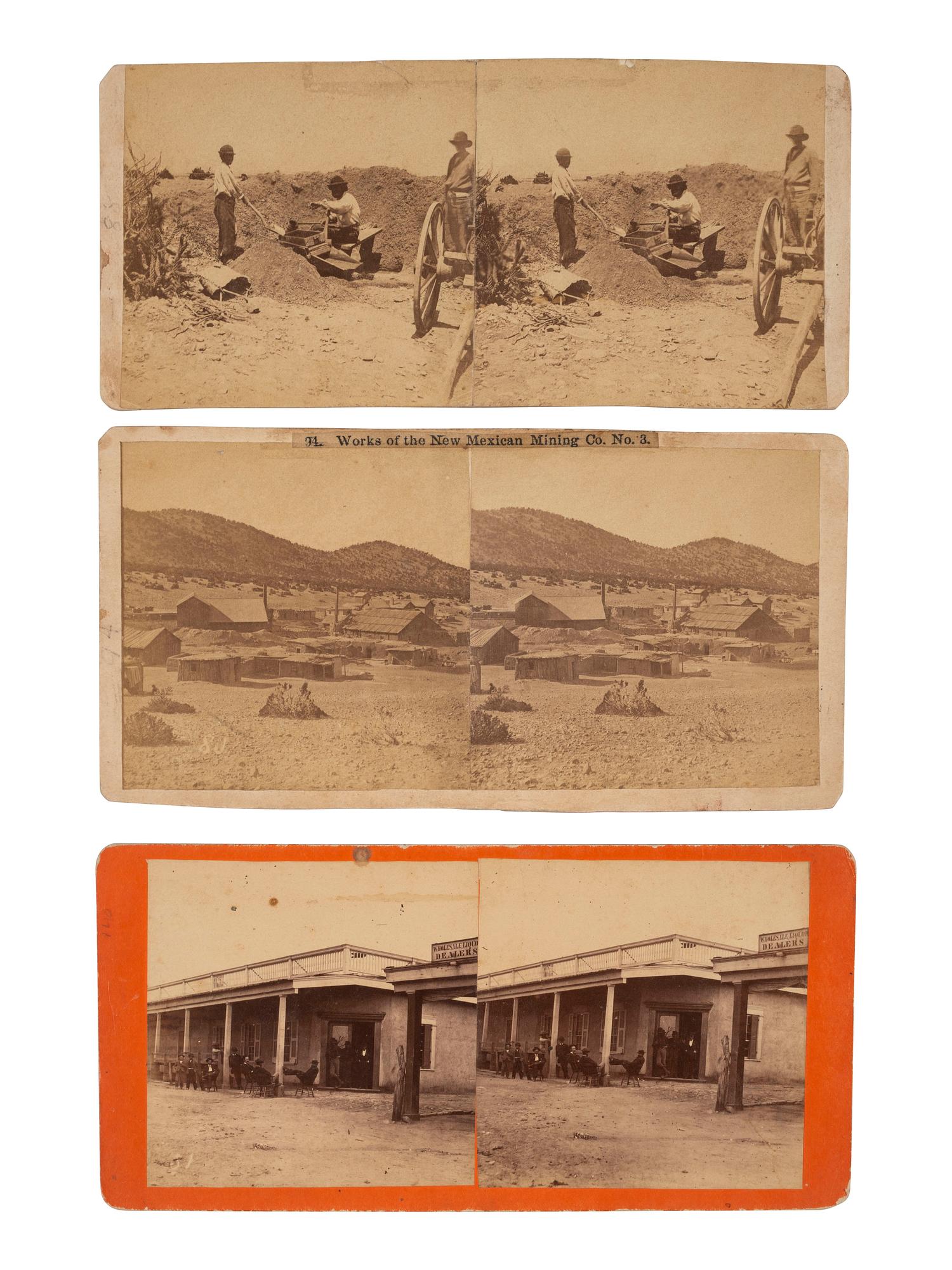[WESTERN AMERICANA - MINING]. [HEISTER, H.T., photographer]. A group of 3 stereoviews, incl. images of gold mining in New Mexico and the Exchange Hotel. [Santa Fe, NM]: ca 1870s.