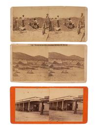 [WESTERN AMERICANA - MINING]. [HEISTER, H.T., photographer]. A group of 3 stereoviews, incl. images of gold mining in New Mexico and the Exchange Hotel. [Santa Fe, NM]: ca 1870s.