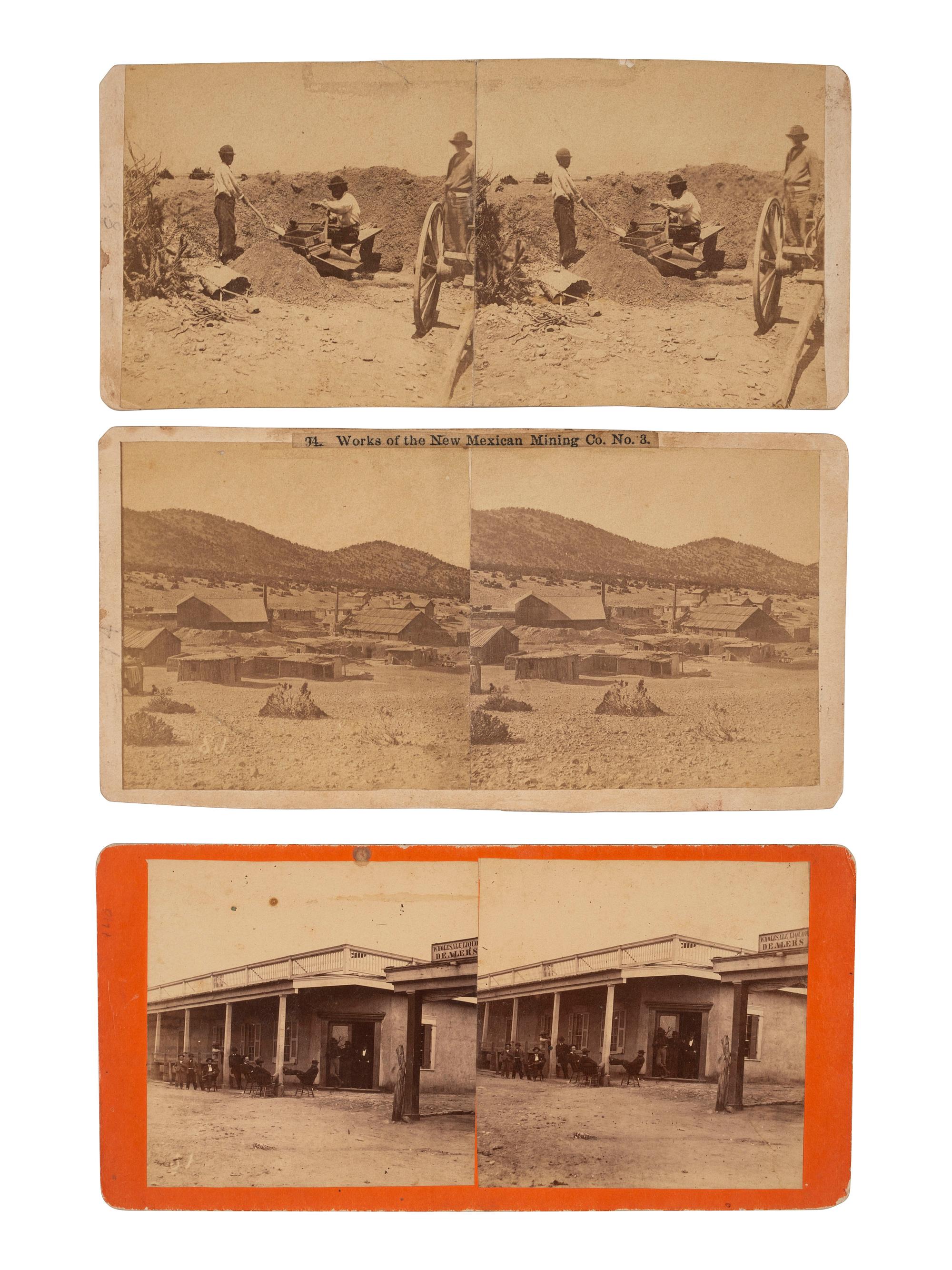 [WESTERN AMERICANA - MINING]. [HEISTER, H.T., photographer]. A group of 3 stereoviews, incl. images of gold mining in New Mexico and the Exchange Hotel. [Santa Fe, NM]: ca 1870s.