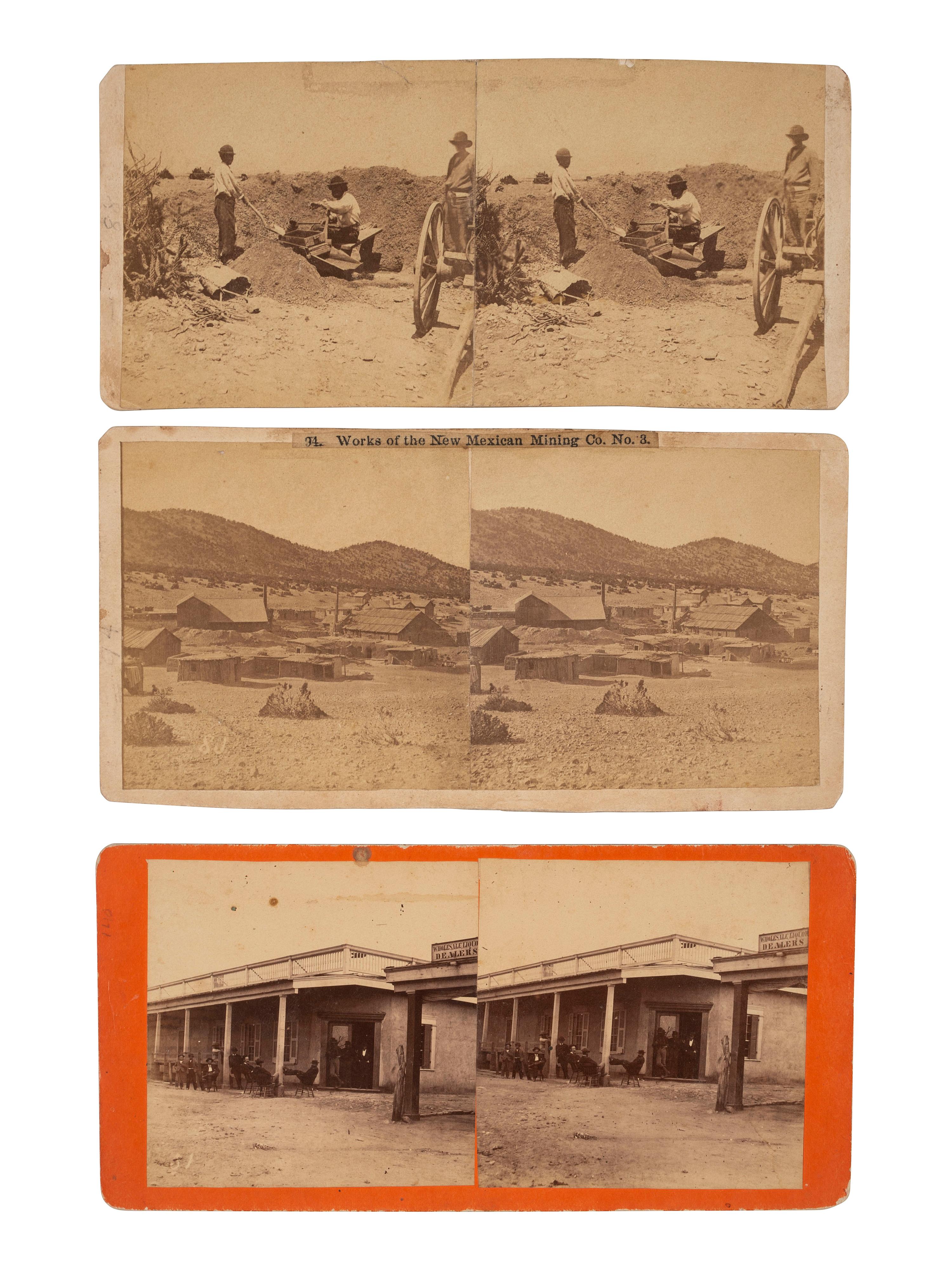 [WESTERN AMERICANA - MINING]. [HEISTER, H.T., photographer]. A group of 3 stereoviews, incl. images of gold mining in New Mexico and the Exchange Hotel. [Santa Fe, NM]: ca 1870s.