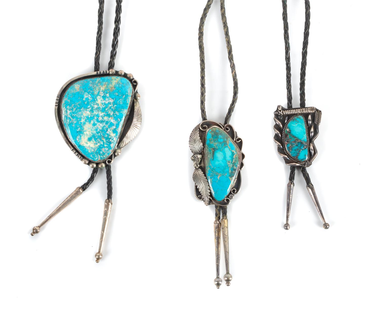 Three Southwestern Silver and Turquoise Bolos Height of largest 3 1/4 x width 3 inches
