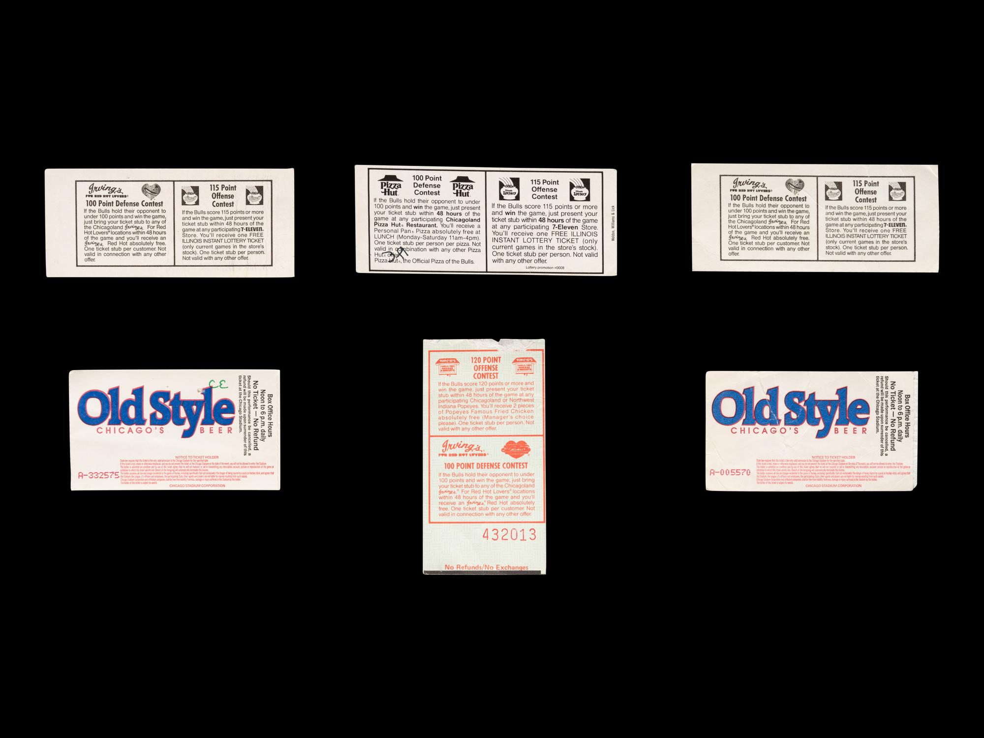 A Group of Six 1980s-90 Michael Jordan Chicago Bulls Ticket Stubs,