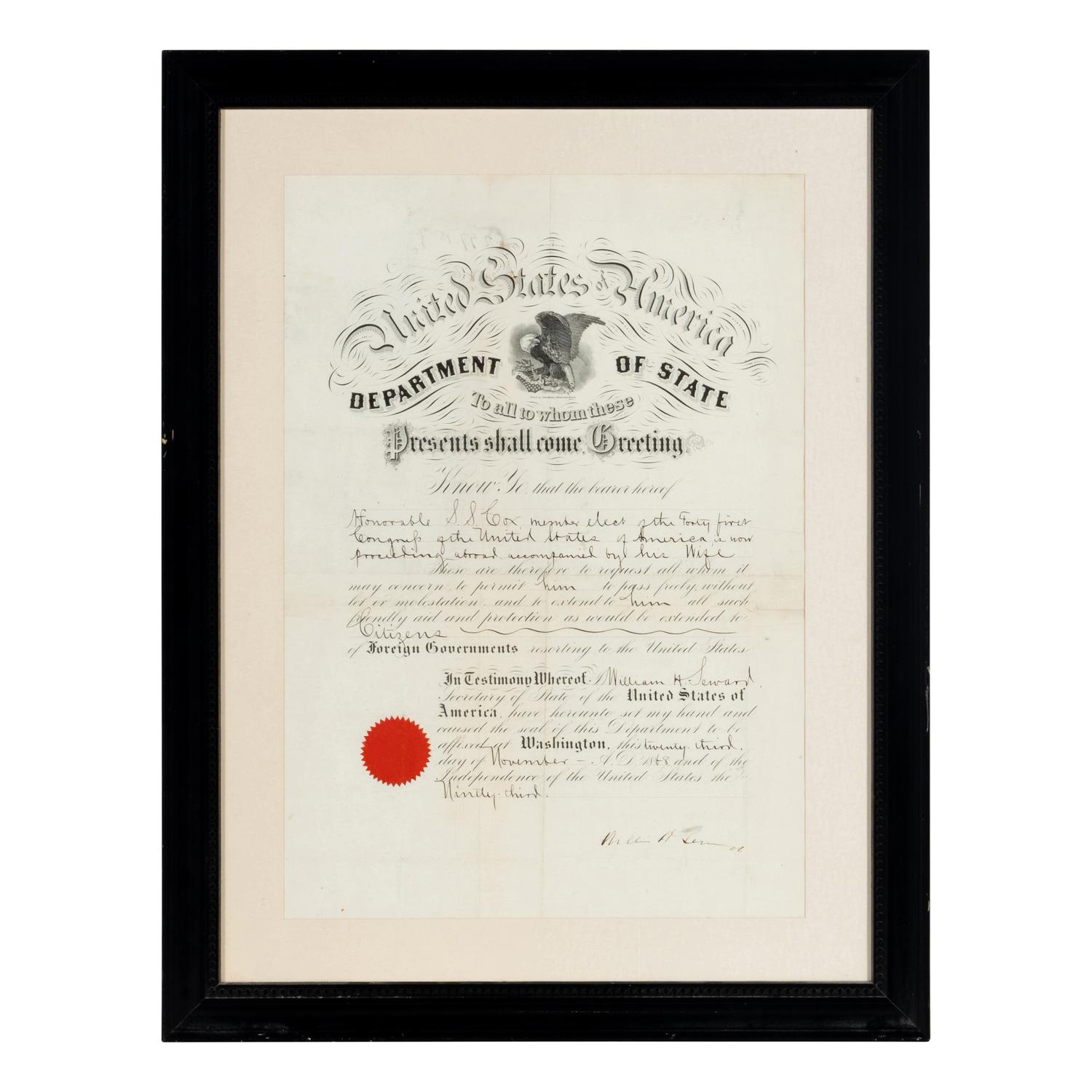 Seward, William Henry (1801-1872). Partly engraved document signed ("William H. Seward"), 23 November 1868.