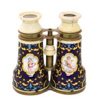 A Pair of French Enameled and Ivory Inset Opera Glasses, Width 5 1/8 inches.
