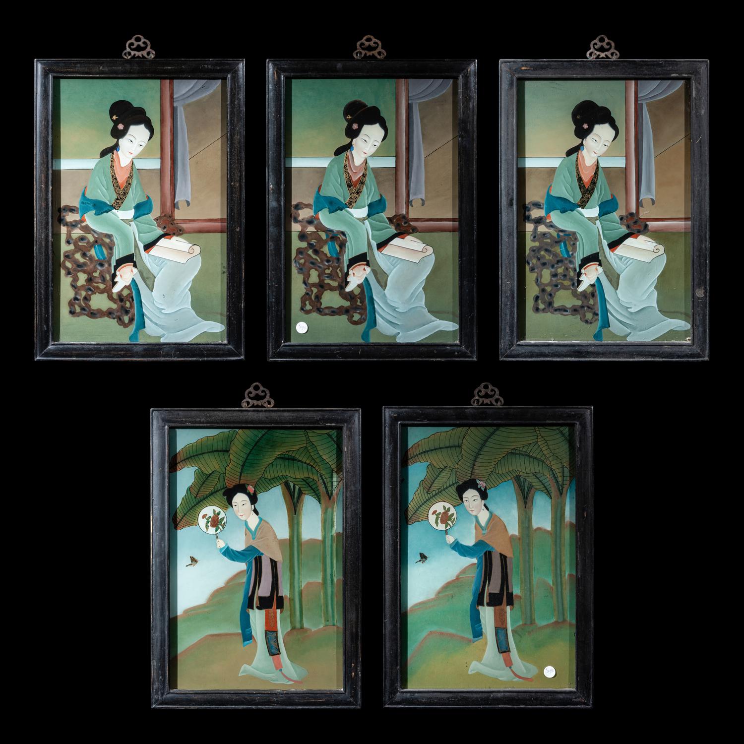 FIve Chinese Reverse Glass Paintings
