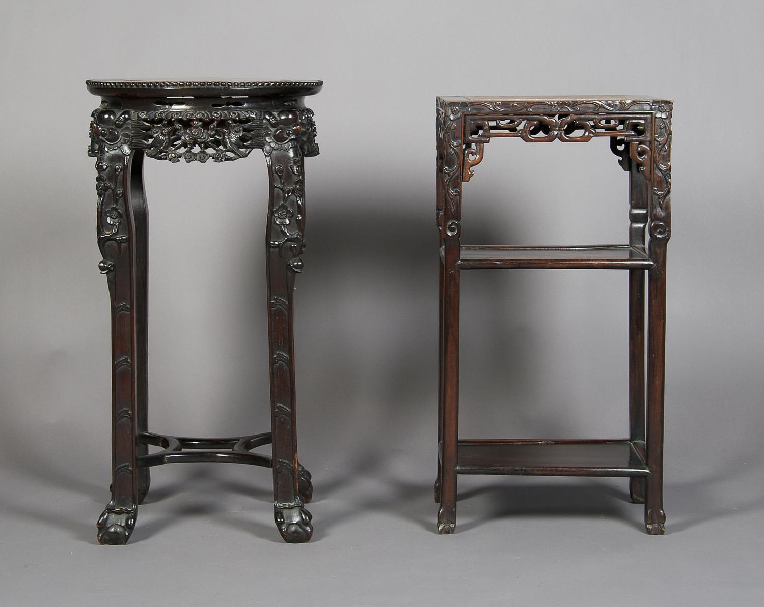 A Group of Two Chinese Hardwood Stands, Height of tallest 32 1/2 inches.
