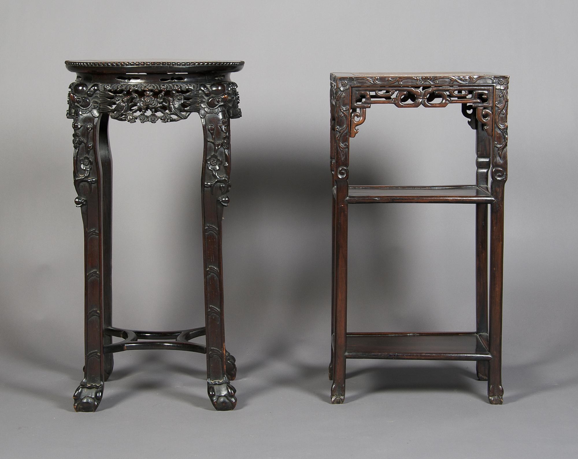 A Group of Two Chinese Hardwood Stands, Height of tallest 32 1/2 inches.