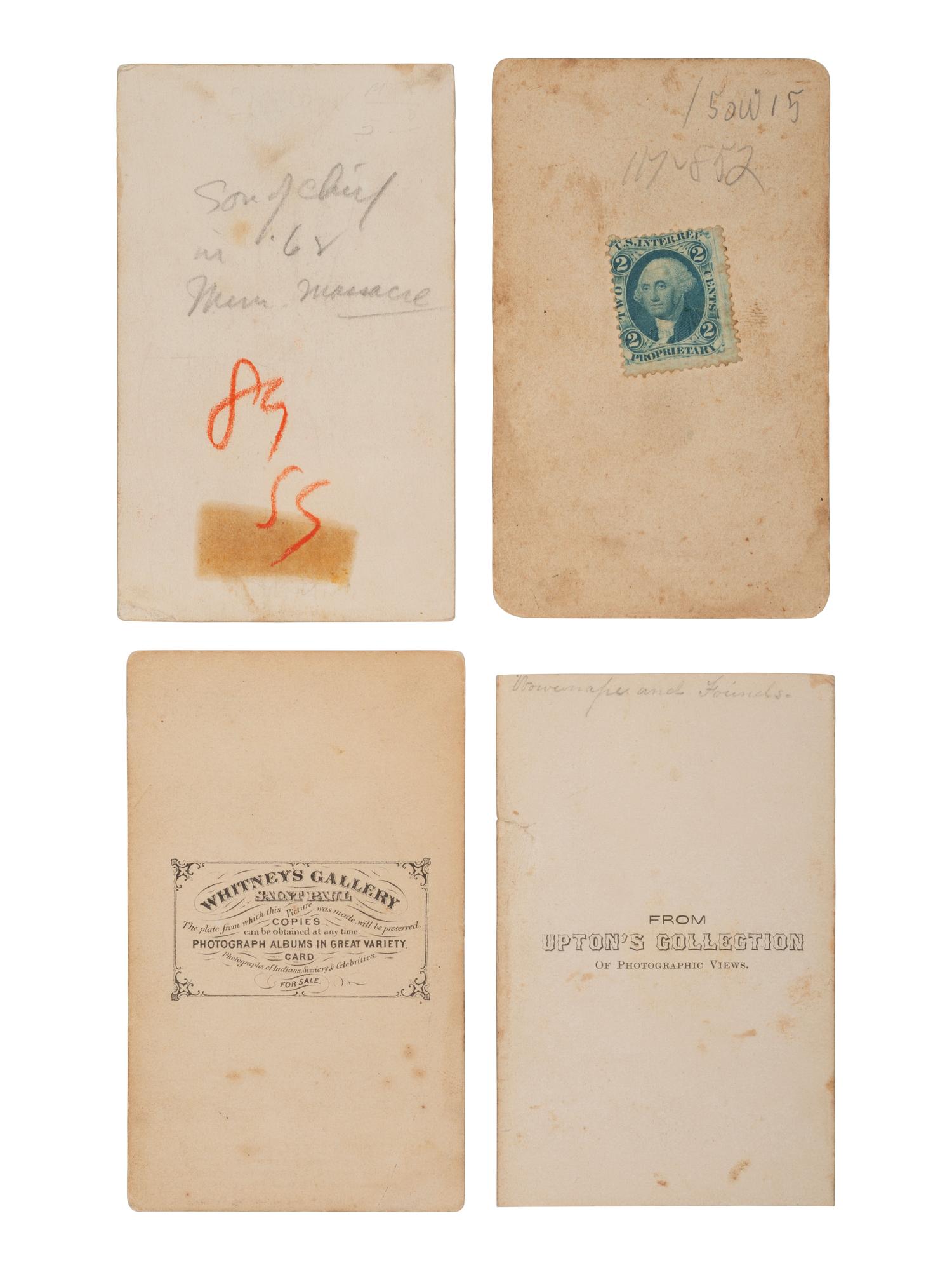 A group of 4 CDVs of Sioux Chief Little Crow and his son, who were involved in the 1862 Dakota Uprising in Minnesota, incl. images by WHITNEY & UPTON.