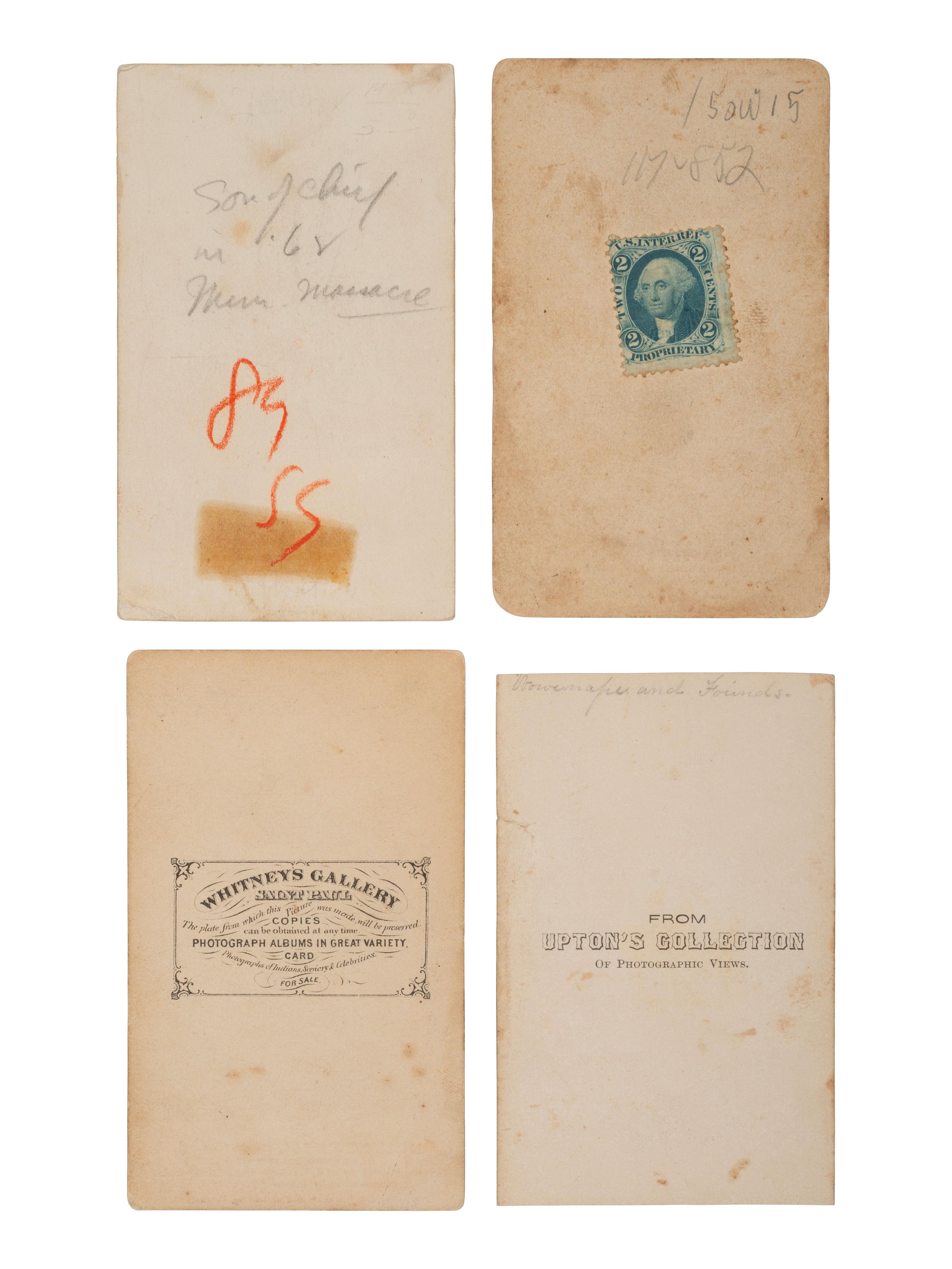 A group of 4 CDVs of Sioux Chief Little Crow and his son, who were involved in the 1862 Dakota Uprising in Minnesota, incl. images by WHITNEY & UPTON.