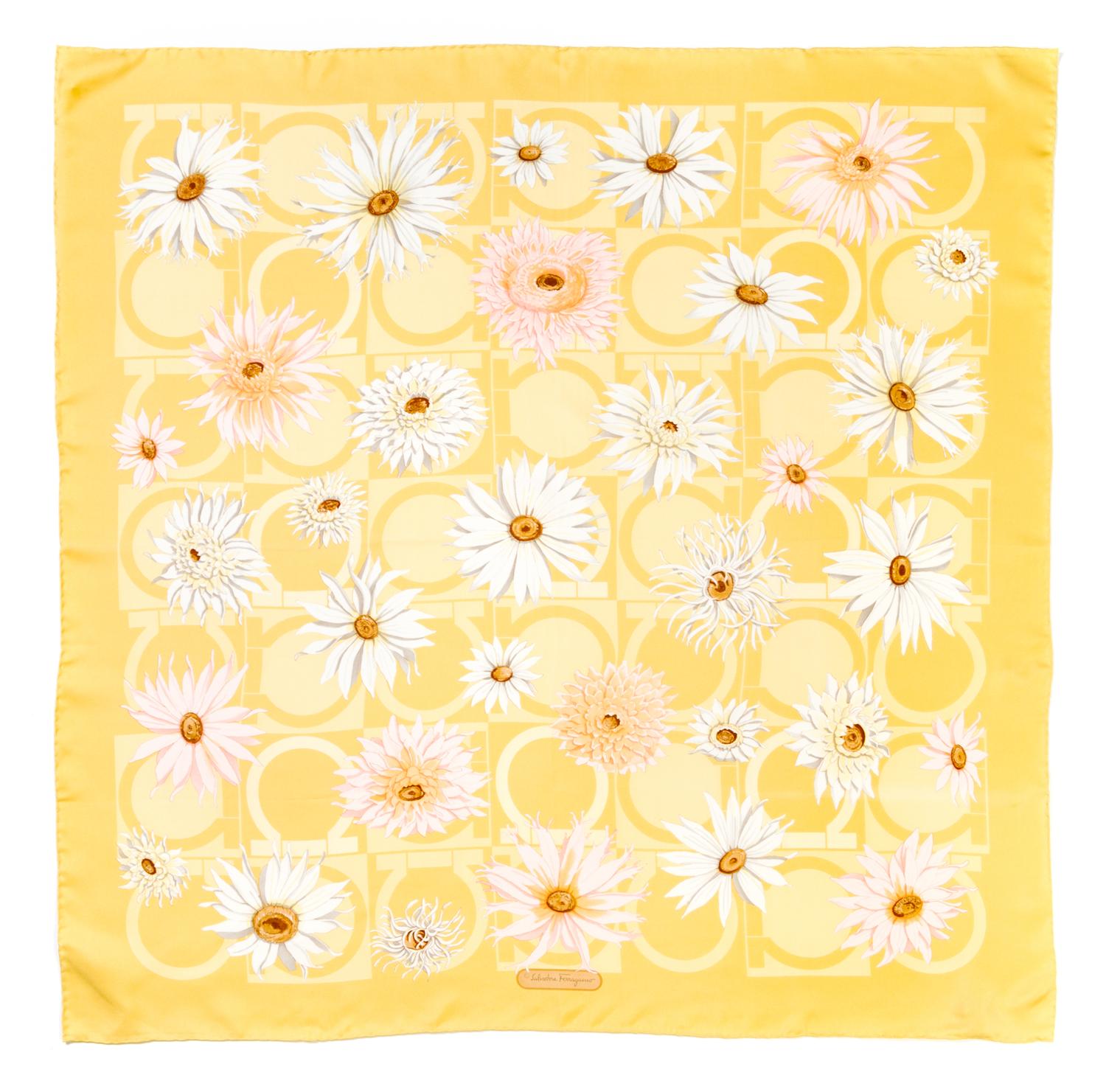 A Ferragamo 90cm Yellow Floral Print Silk Scarf, 36" x 36".