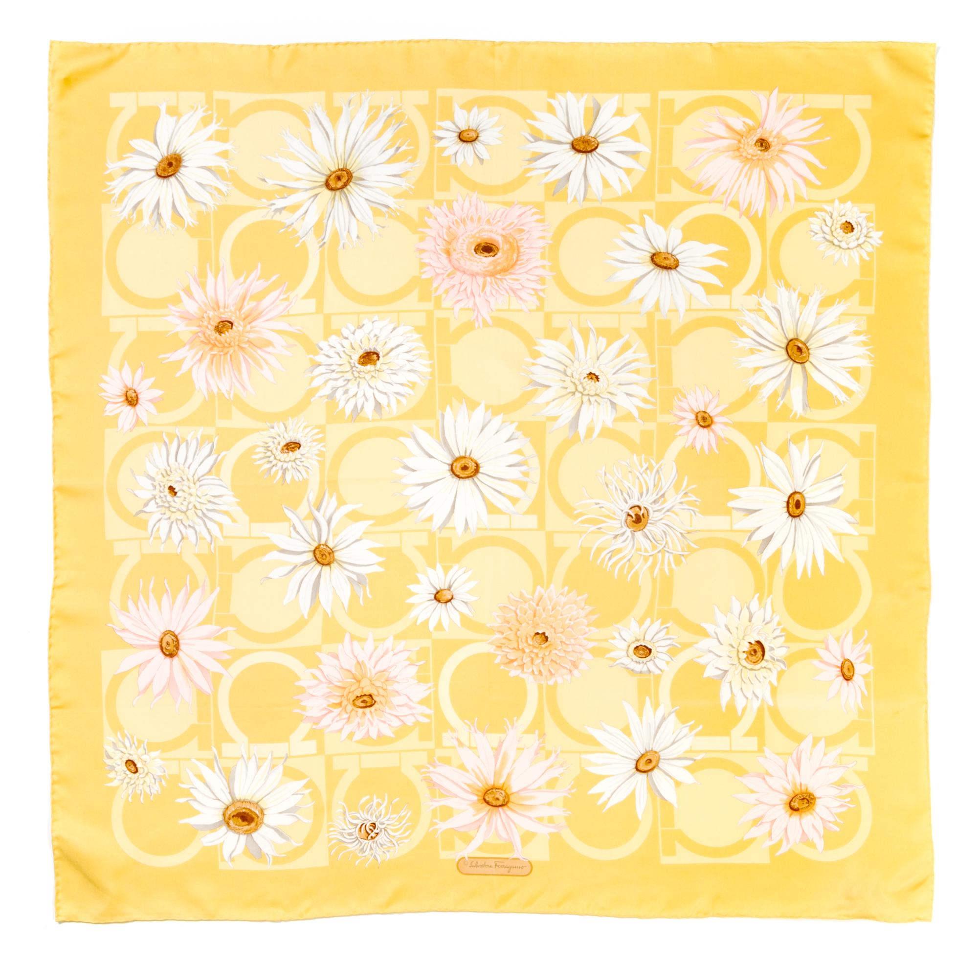 A Ferragamo 90cm Yellow Floral Print Silk Scarf, 36" x 36".