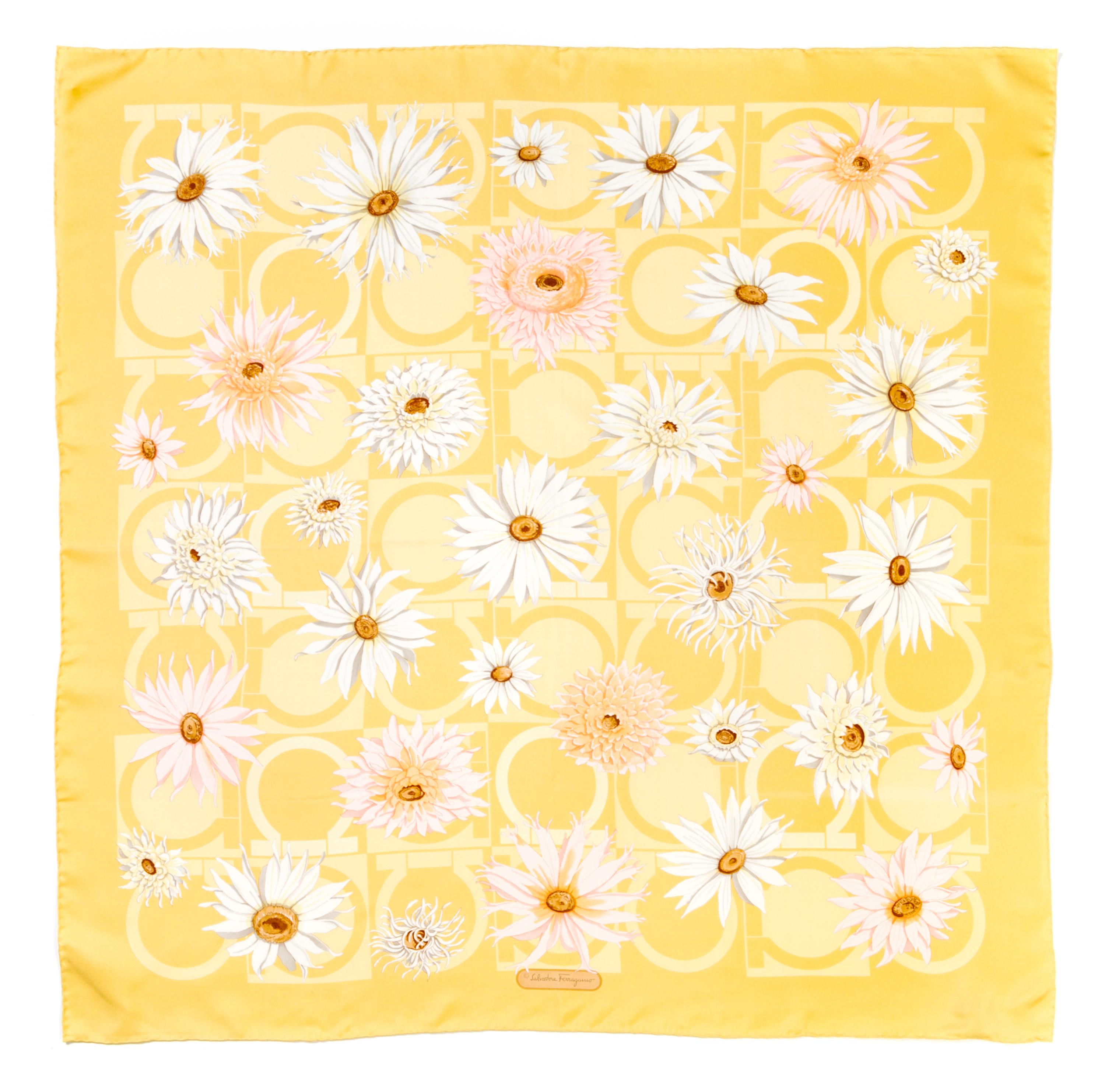 A Ferragamo 90cm Yellow Floral Print Silk Scarf, 36" x 36".