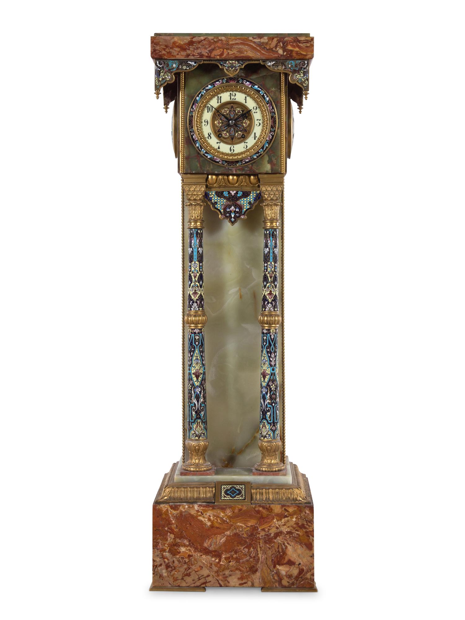 A French Green Onyx, Champlevé Enamel and Marble Pedestal Clock