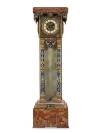 A French Green Onyx, Champlevé Enamel and Marble Pedestal Clock