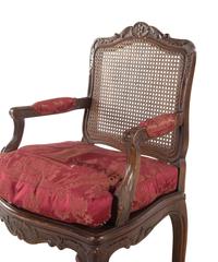 A Pair of Louis XV Style Fauteuils with Red Damask Armrests and Seat Cushions