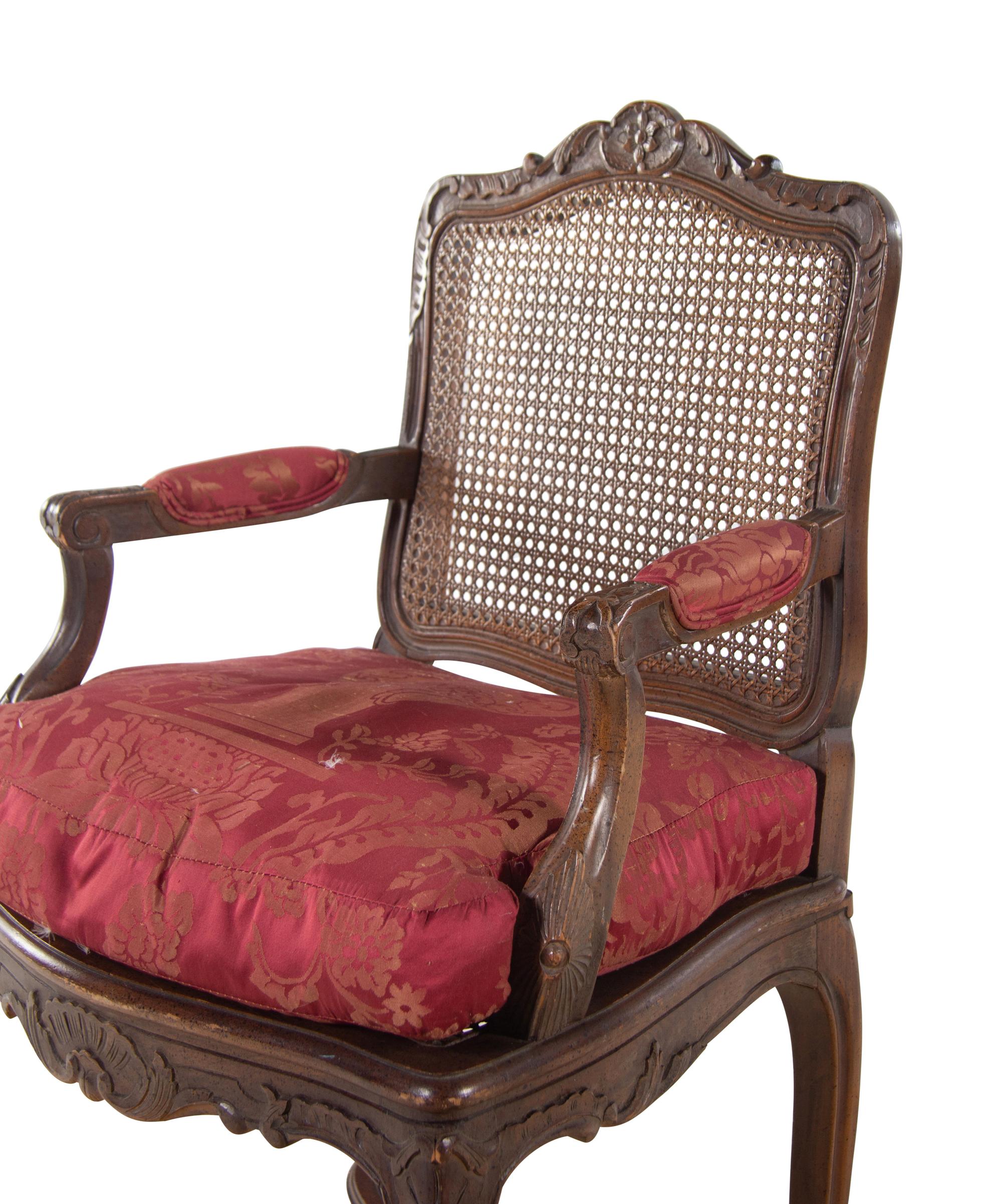 A Pair of Louis XV Style Fauteuils with Red Damask Armrests and Seat Cushions
