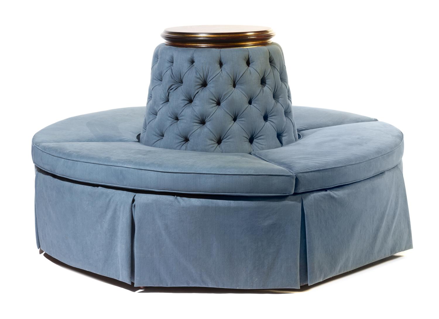An Upholstered Circular Banquette Height 44 x diameter 70 1/2 inches.