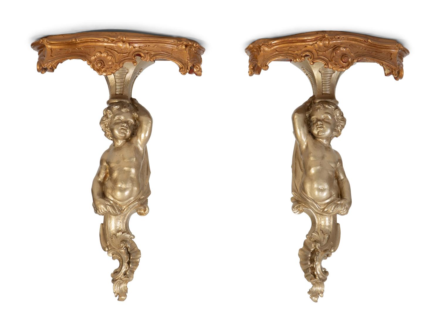 A Pair of Gilt and Silvered Wood Figural Wall Mount Console Brackets — 20TH CENTURY