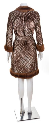 A Bill Blass Metallic Coat with Sable Trim, Coat size 6; Belt: 26.5"- 28.25" x 2.25".