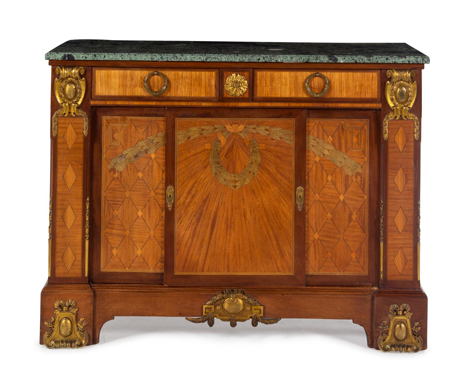 A Louis XVI Style Gilt Bronze Mounted Marquetry Marble-Top Cabinet