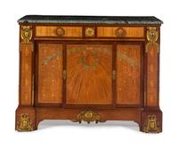 A Louis XVI Style Gilt Bronze Mounted Marquetry Marble-Top Cabinet