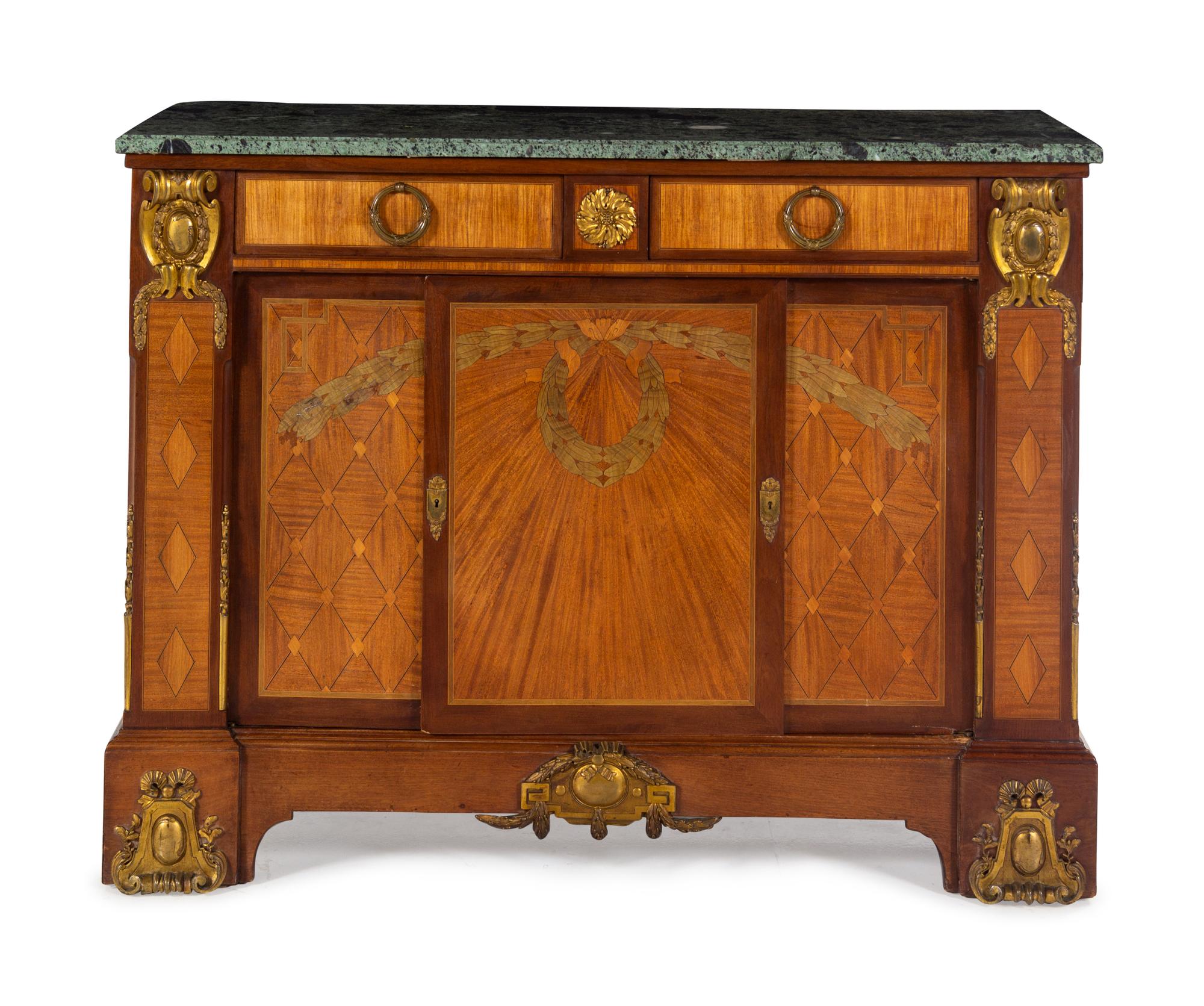 A Louis XVI Style Gilt Bronze Mounted Marquetry Marble-Top Cabinet