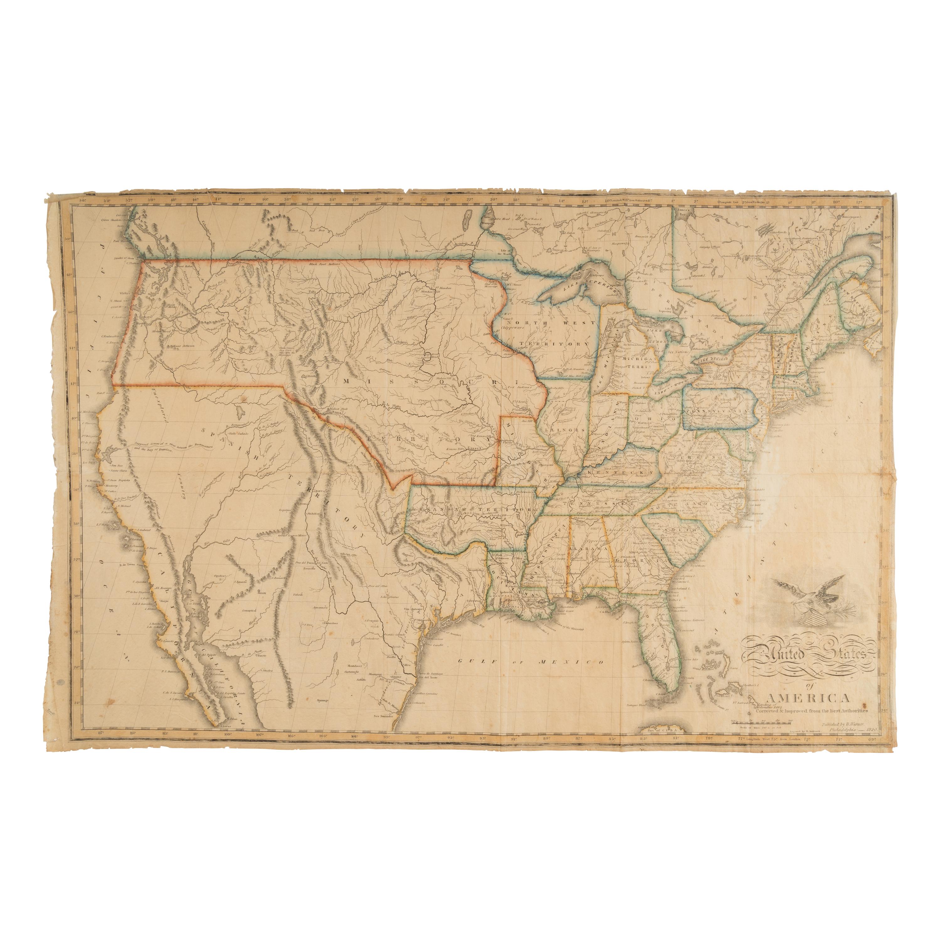 [Map]. United States of America Corrected & Improved from the best Authorities . Philadelphia: Benjamin Warner, 1820.