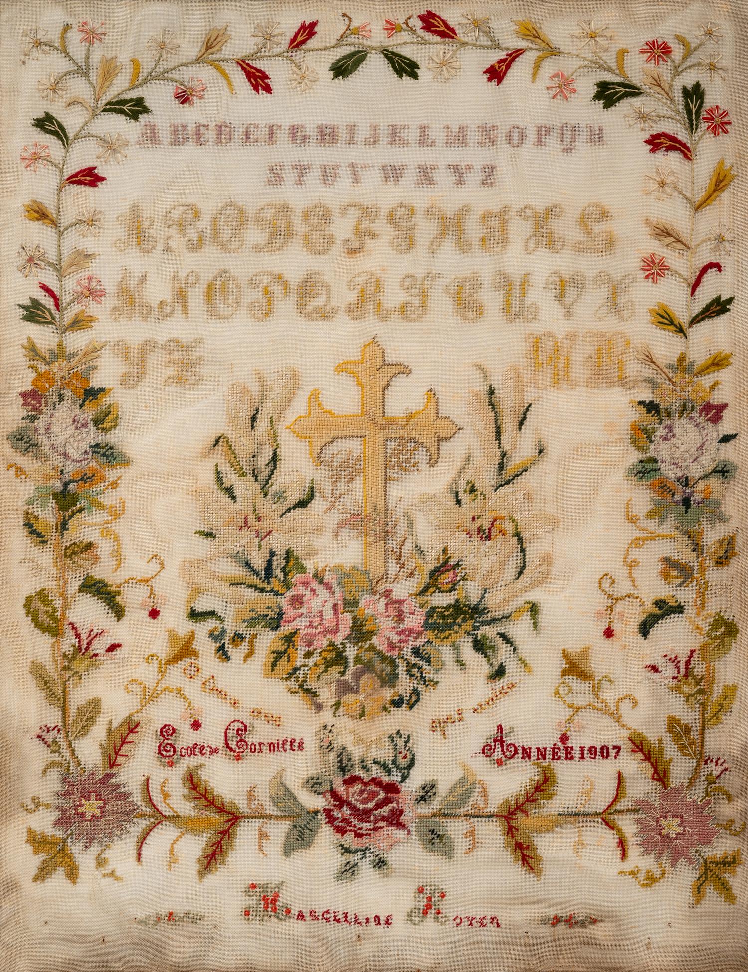 A French Needlework Embroidered Floral Panel